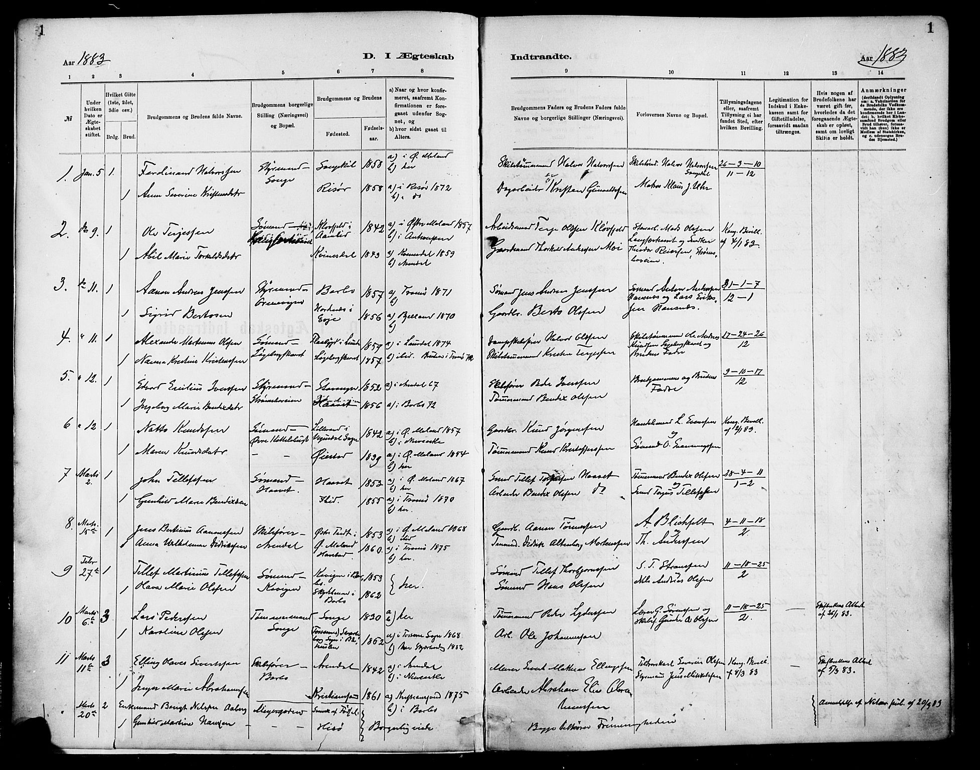 Barbu sokneprestkontor, AV/SAK-1111-0003/F/Fa/L0003: Parish register (official) no. A 3, 1883-1898, p. 1