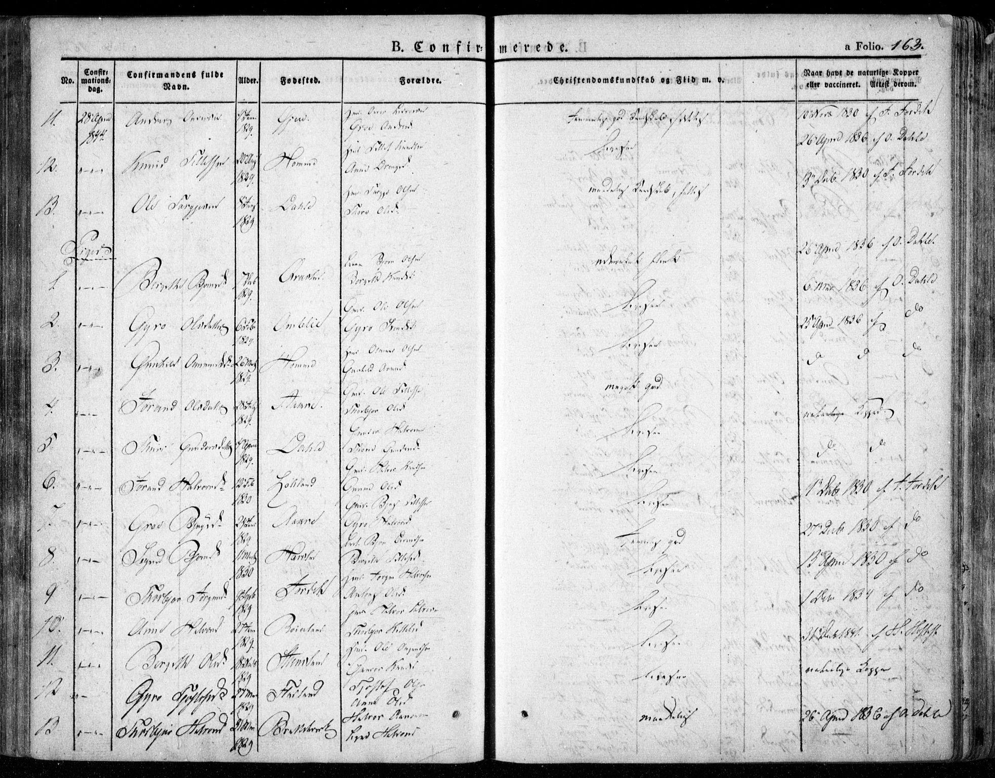 Valle sokneprestkontor, SAK/1111-0044/F/Fa/Fac/L0006: Parish register (official) no. A 6, 1831-1853, p. 163