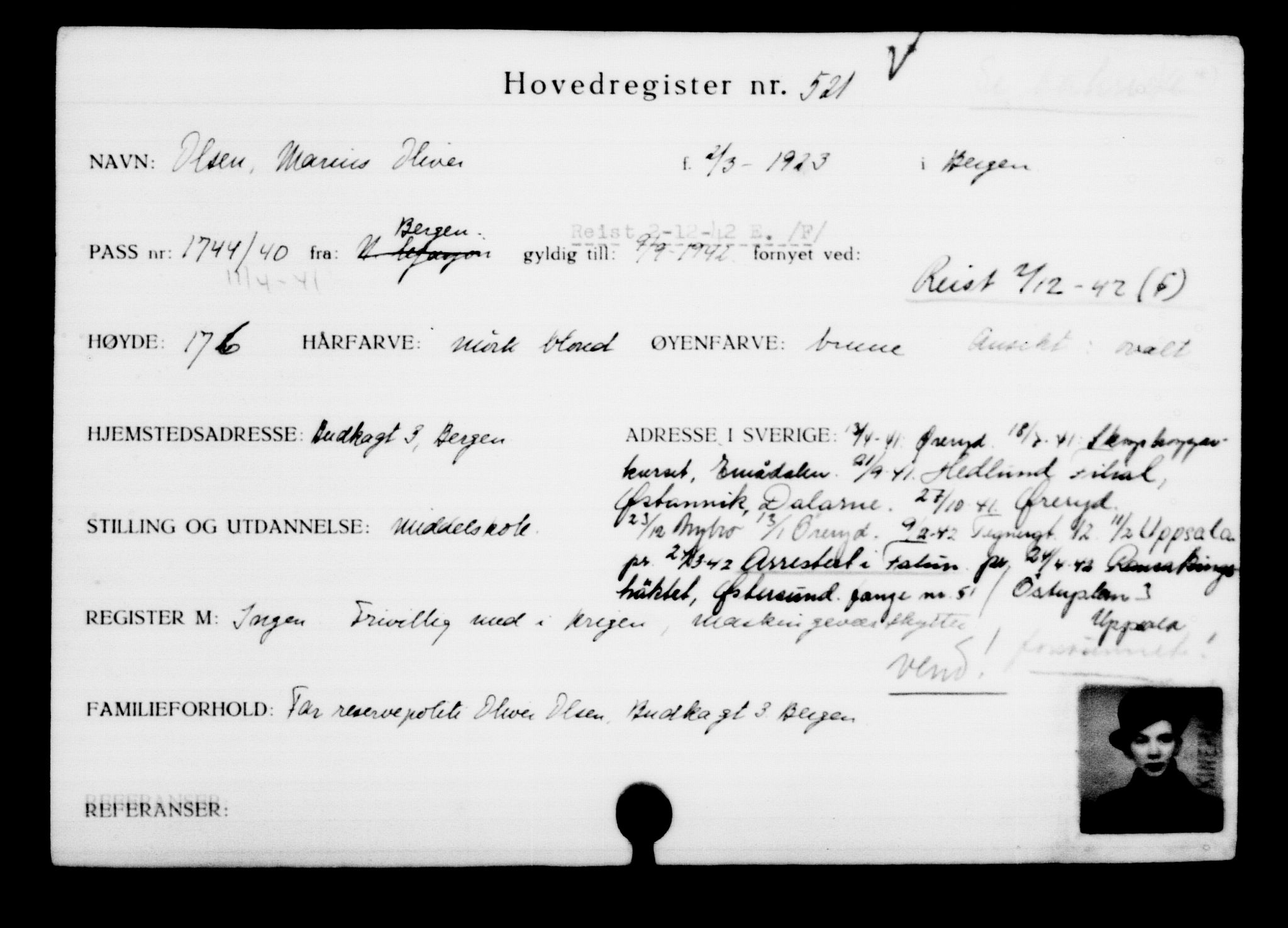 Utenriksstasjonene, Legasjonen i Stockholm, Flyktningkontoret, AV/RA-S-6753/V/Va/L0001: Kjesäterkartoteket, flyktninger med registreringsnr. 1-1000, 1940-1945, p. 805