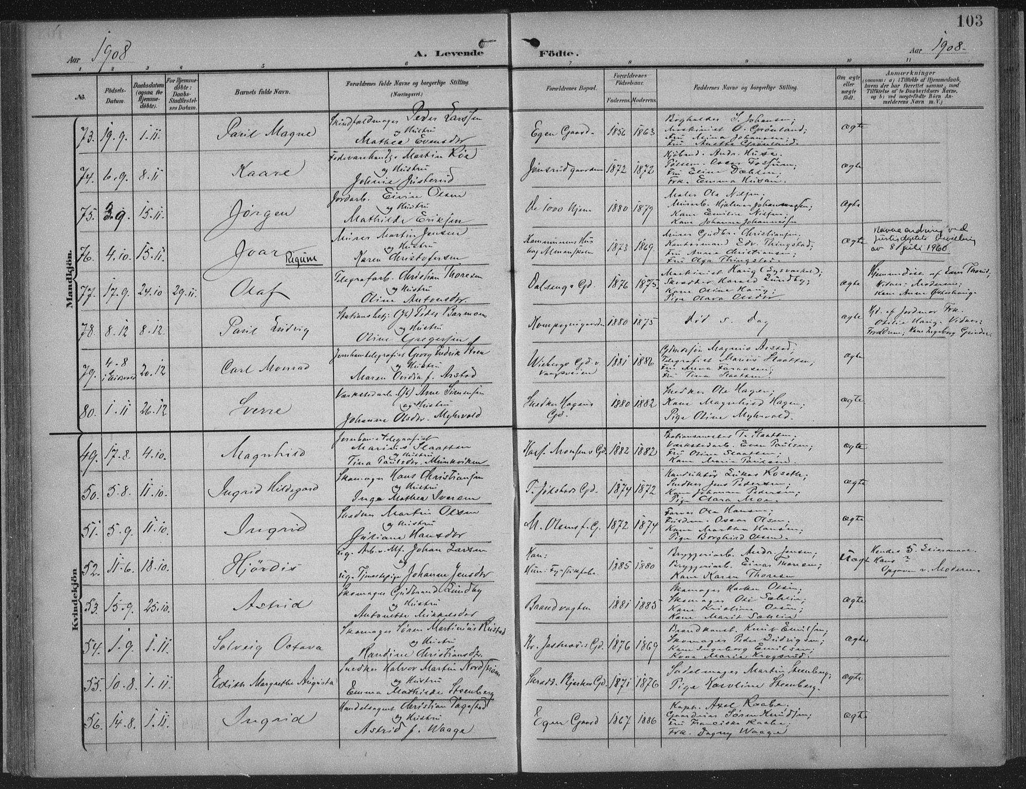 Hamar prestekontor, AV/SAH-DOMPH-002/H/Ha/Haa/L0001: Parish register (official) no. 1, 1900-1914, p. 103