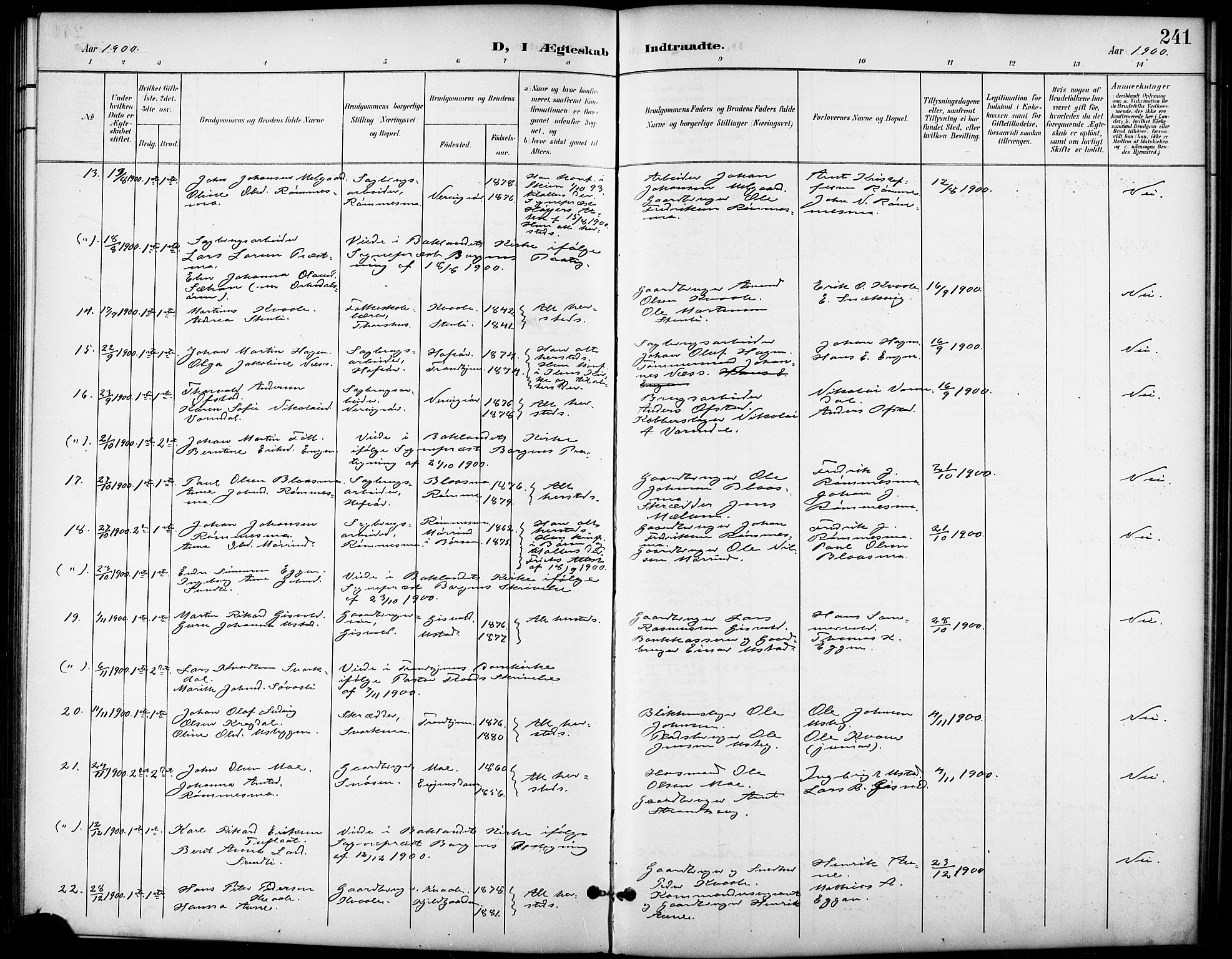 Ministerialprotokoller, klokkerbøker og fødselsregistre - Sør-Trøndelag, SAT/A-1456/668/L0819: Parish register (copy) no. 668C08, 1899-1912, p. 241