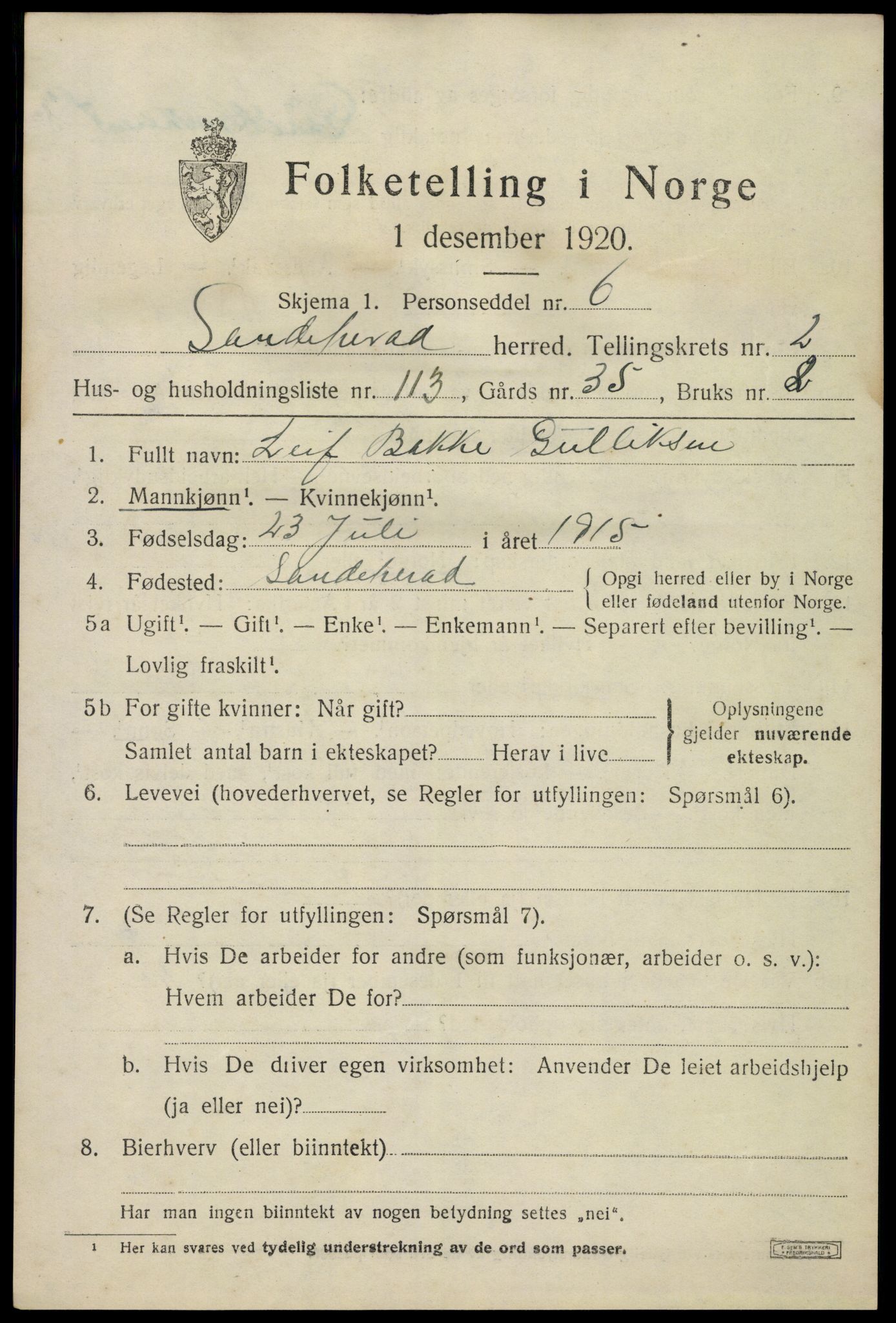 SAKO, 1920 census for Sandeherred, 1920, p. 5196
