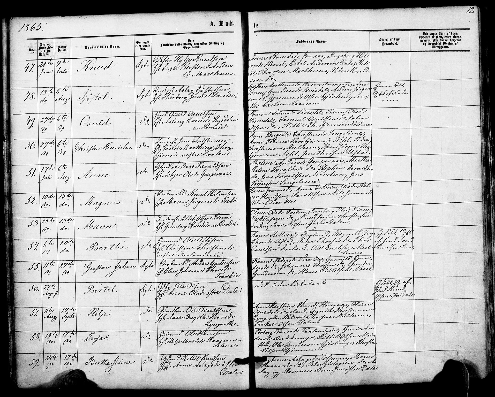 Froland sokneprestkontor, SAK/1111-0013/F/Fa/L0003: Parish register (official) no. A 3, 1864-1881, p. 12