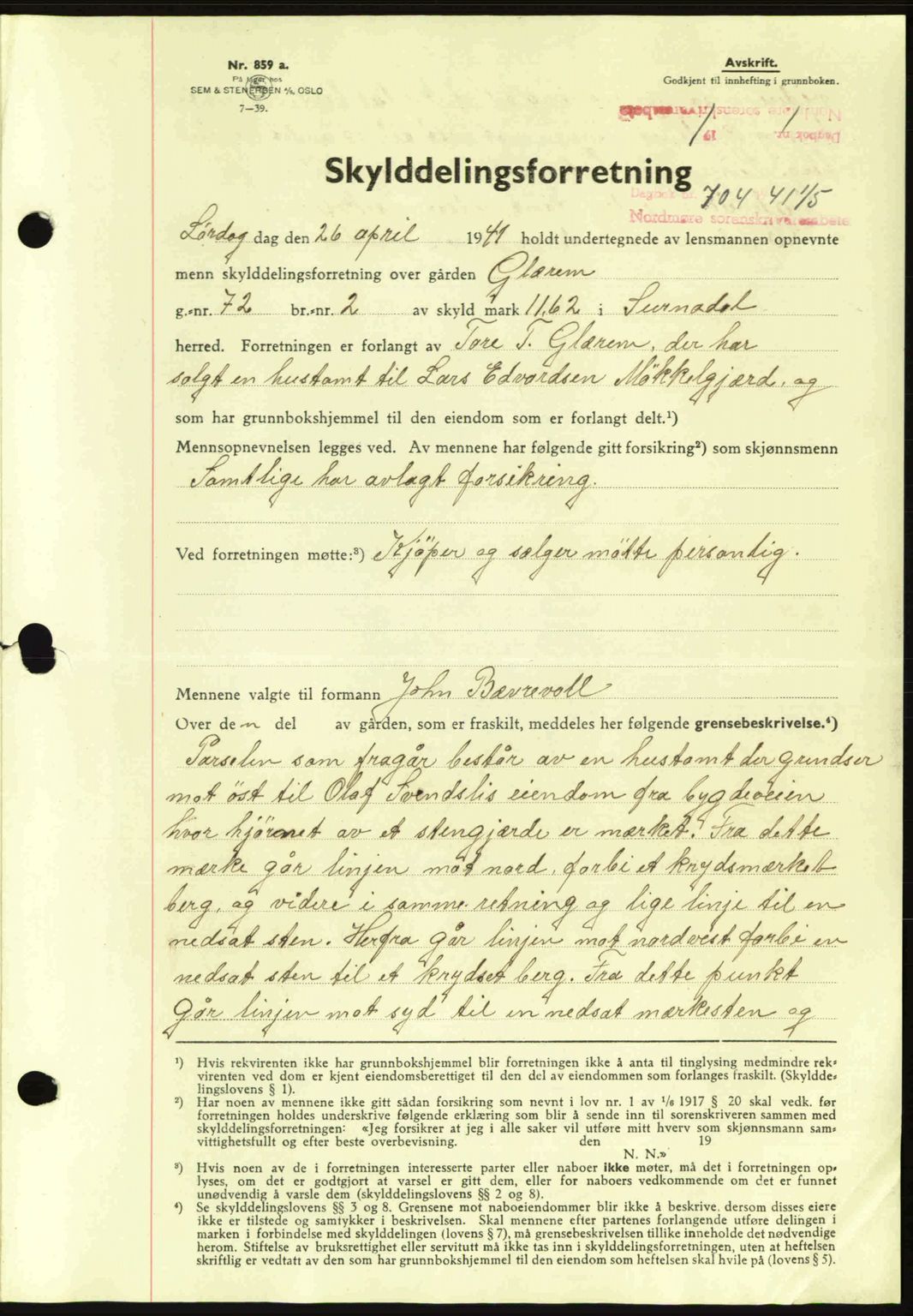 Nordmøre sorenskriveri, SAT/A-4132/1/2/2Ca: Mortgage book no. A89, 1940-1941, Diary no: : 704/1941