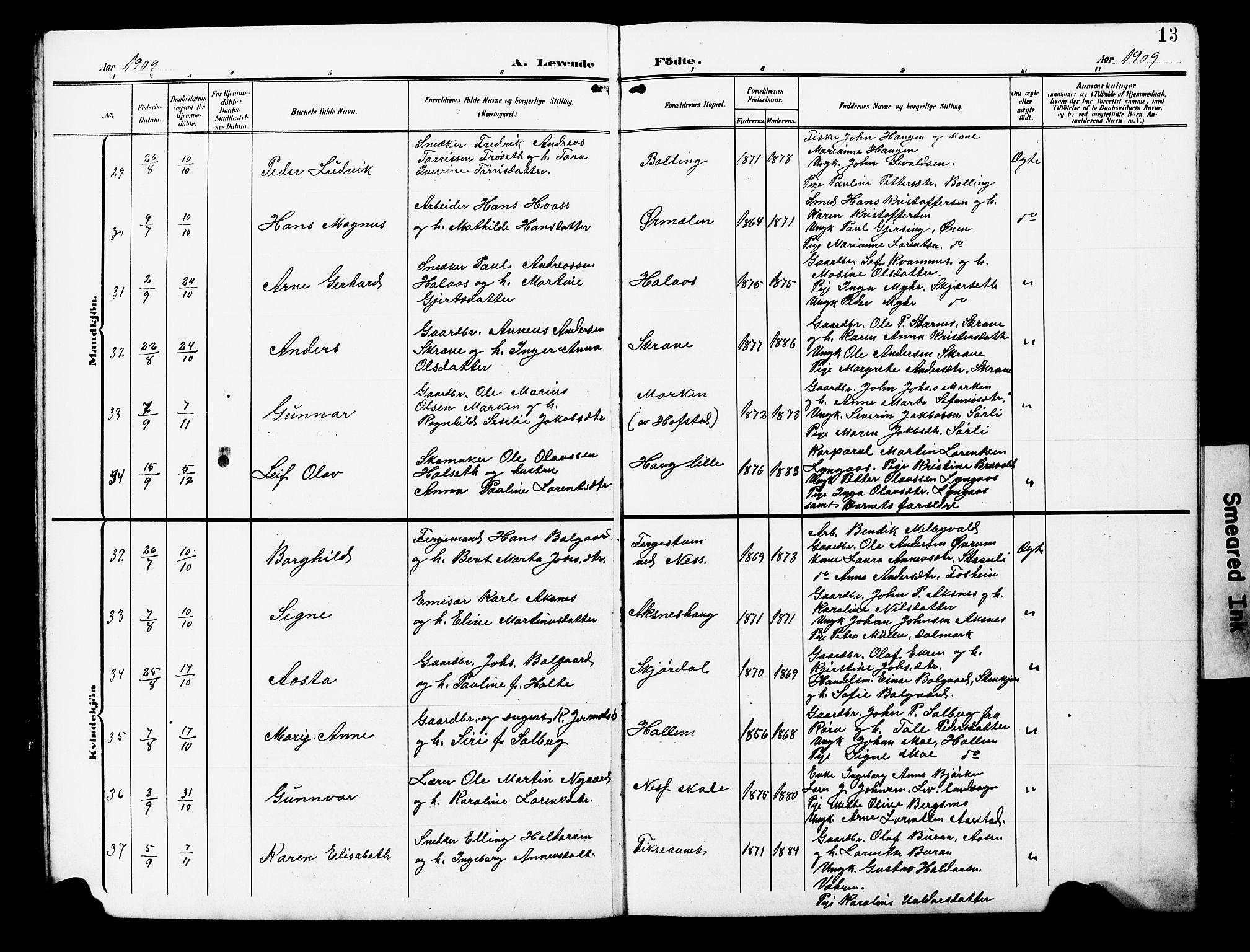 Ministerialprotokoller, klokkerbøker og fødselsregistre - Nord-Trøndelag, SAT/A-1458/723/L0258: Parish register (copy) no. 723C06, 1908-1927, p. 13