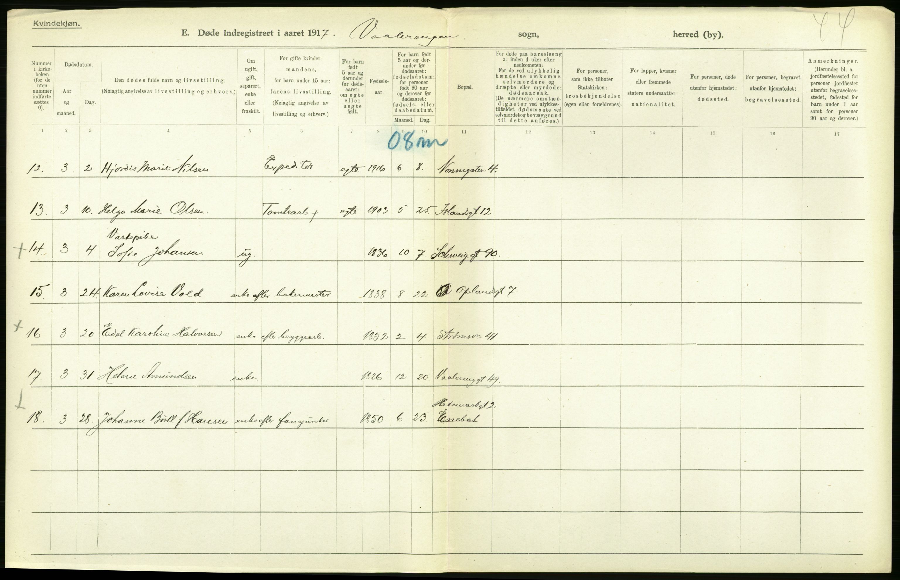 Statistisk sentralbyrå, Sosiodemografiske emner, Befolkning, RA/S-2228/D/Df/Dfb/Dfbg/L0011: Kristiania: Døde, dødfødte., 1917, p. 254