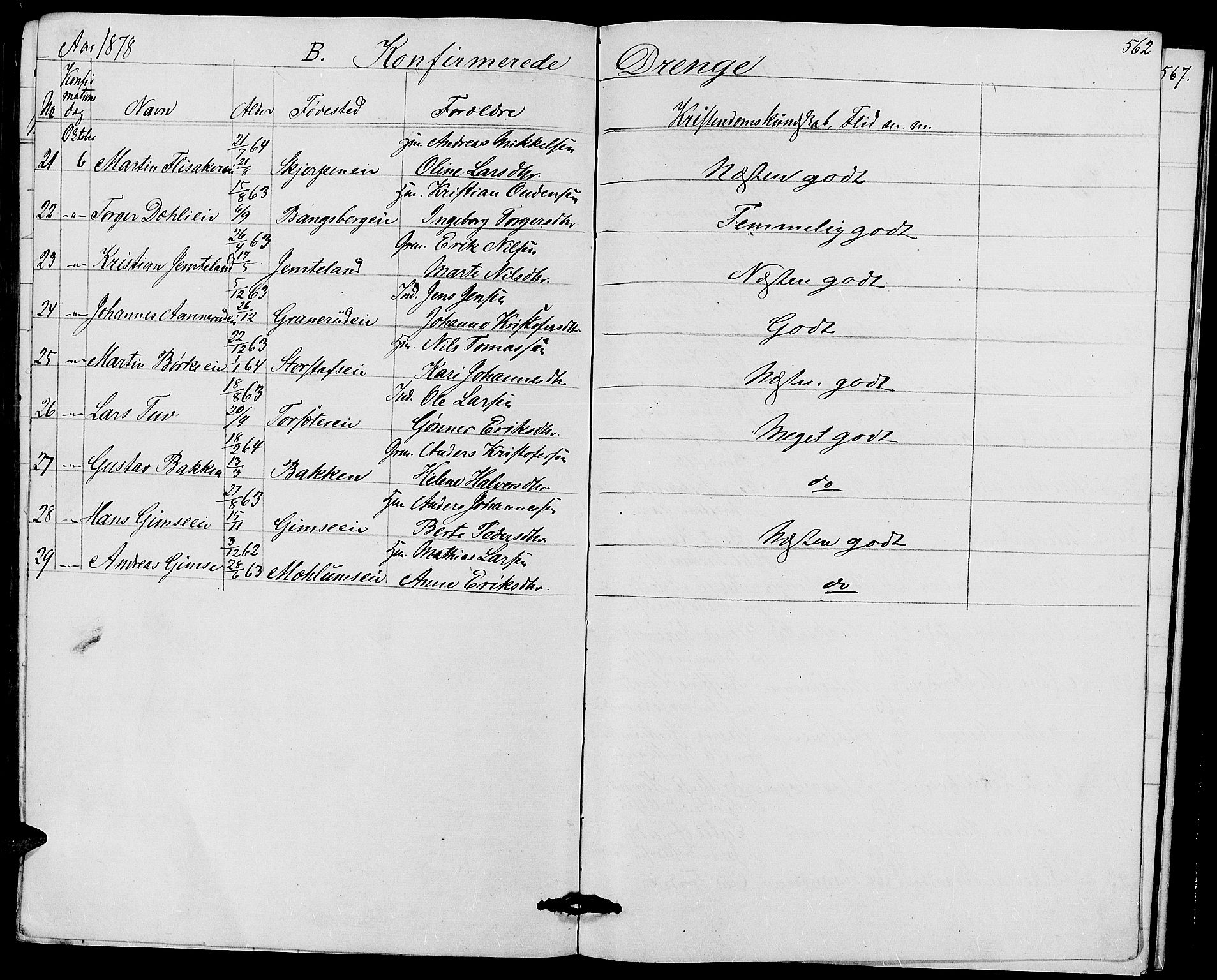 Ringsaker prestekontor, AV/SAH-PREST-014/L/La/L0008: Parish register (copy) no. 8, 1870-1878, p. 562