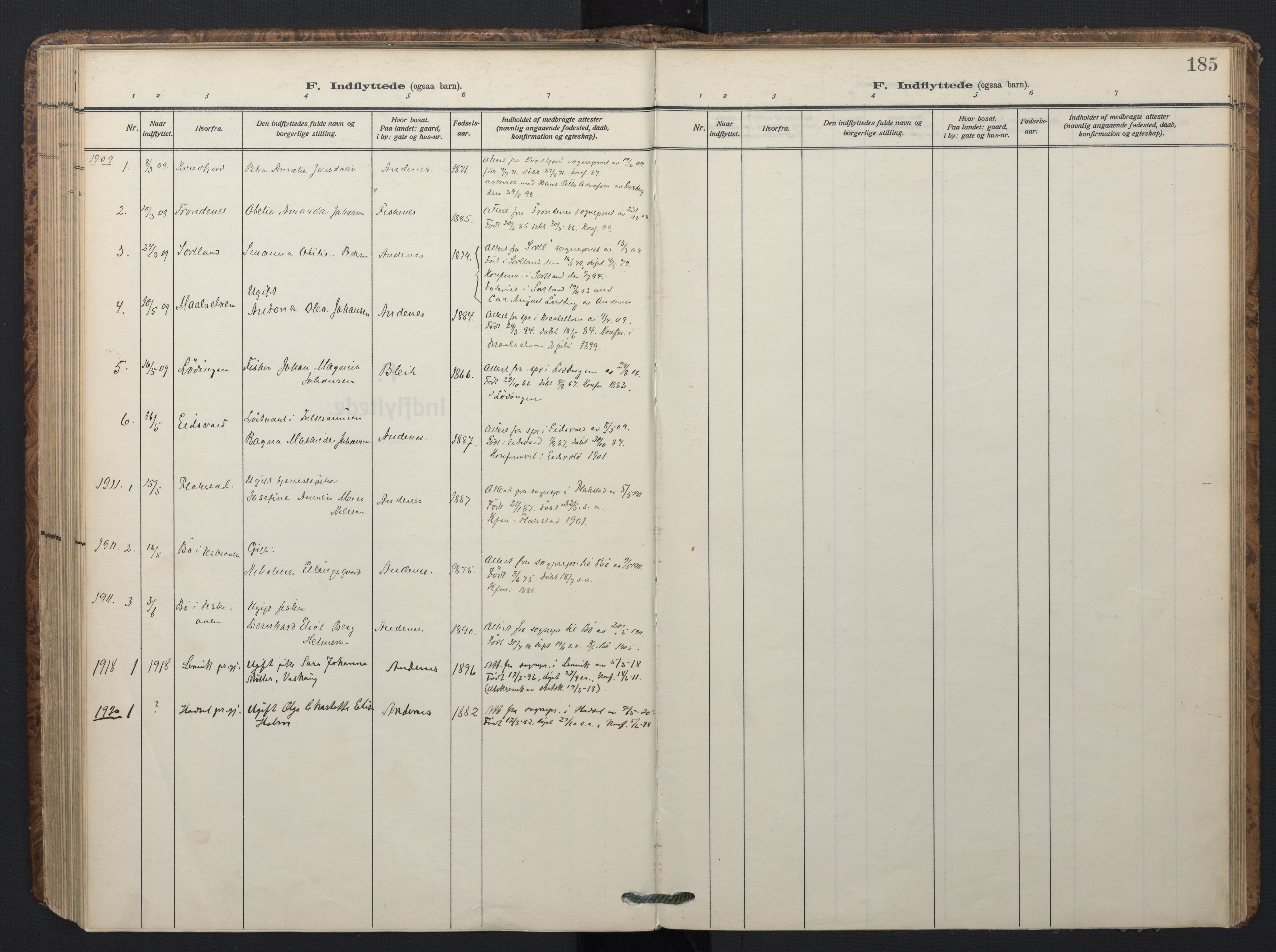 Ministerialprotokoller, klokkerbøker og fødselsregistre - Nordland, SAT/A-1459/899/L1438: Parish register (official) no. 899A06, 1909-1922, p. 185