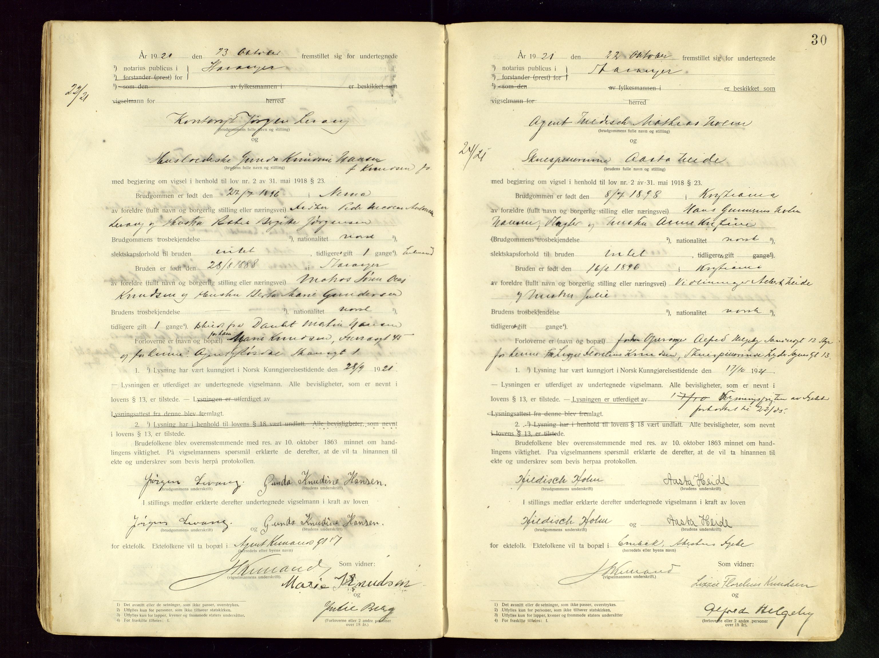 Stavanger byfogd, AV/SAST-A-101408/001/6/62/62BB/L0001: Vigselsprotokoll, 1920-1926, p. 30