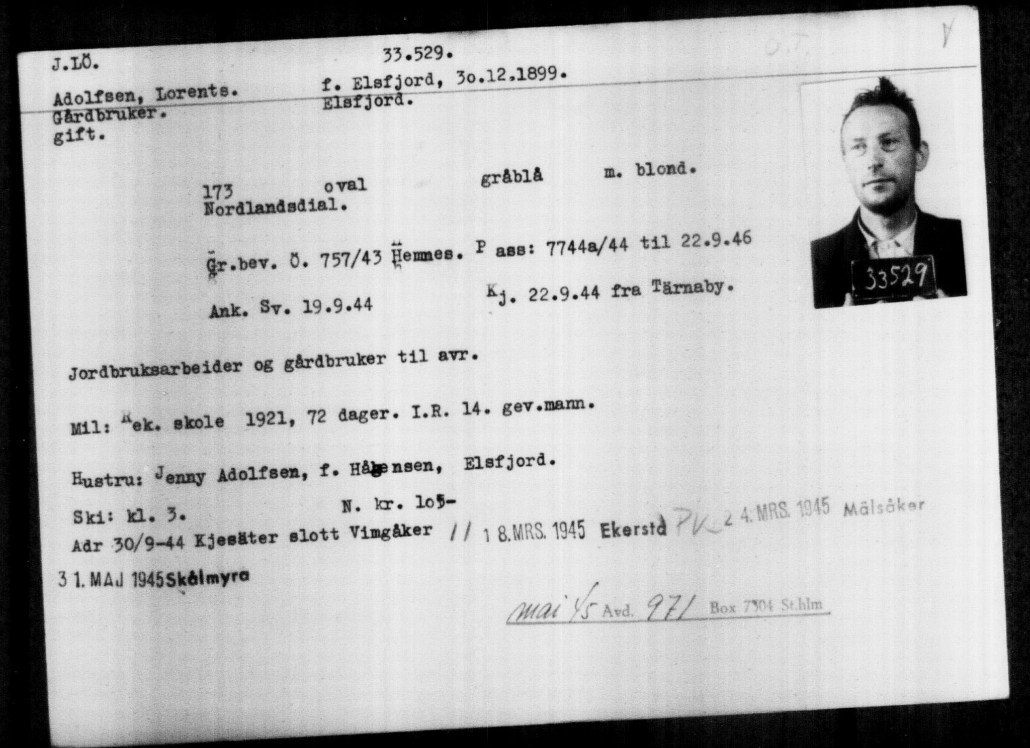 Utenriksstasjonene, Legasjonen i Stockholm, Flyktningkontoret, AV/RA-S-6753/V/Va/L0013: Kjesäterkartoteket, flyktninger med registreringsnr. 31500-34731, 1940-1945, p. 2139
