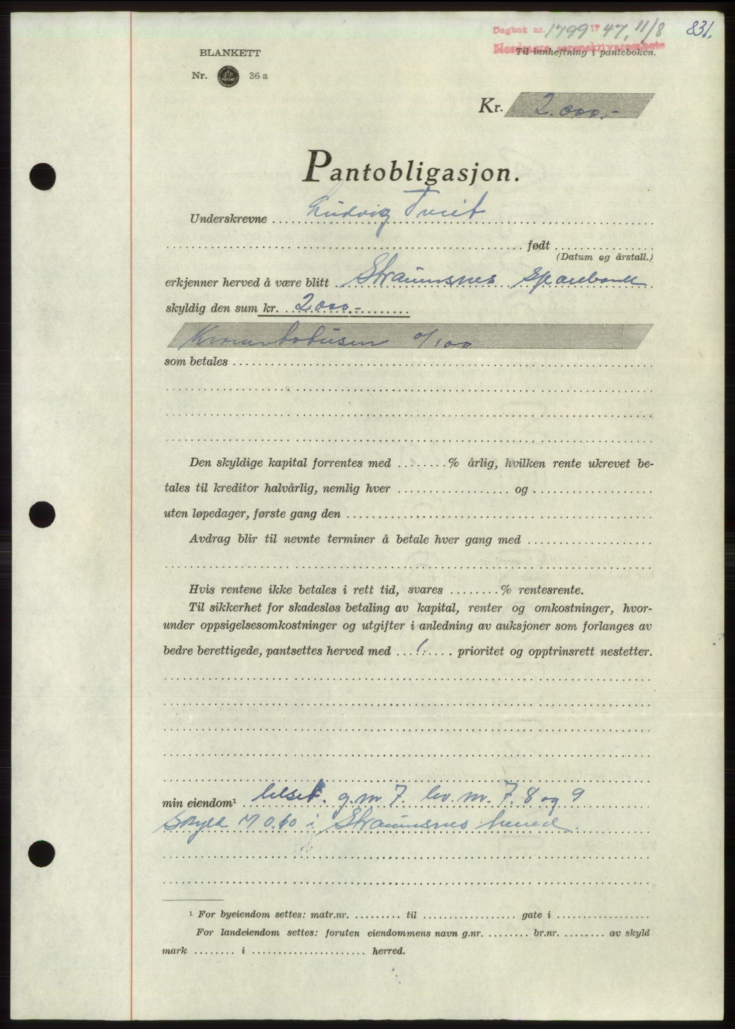 Nordmøre sorenskriveri, AV/SAT-A-4132/1/2/2Ca: Mortgage book no. B96, 1947-1947, Diary no: : 1799/1947