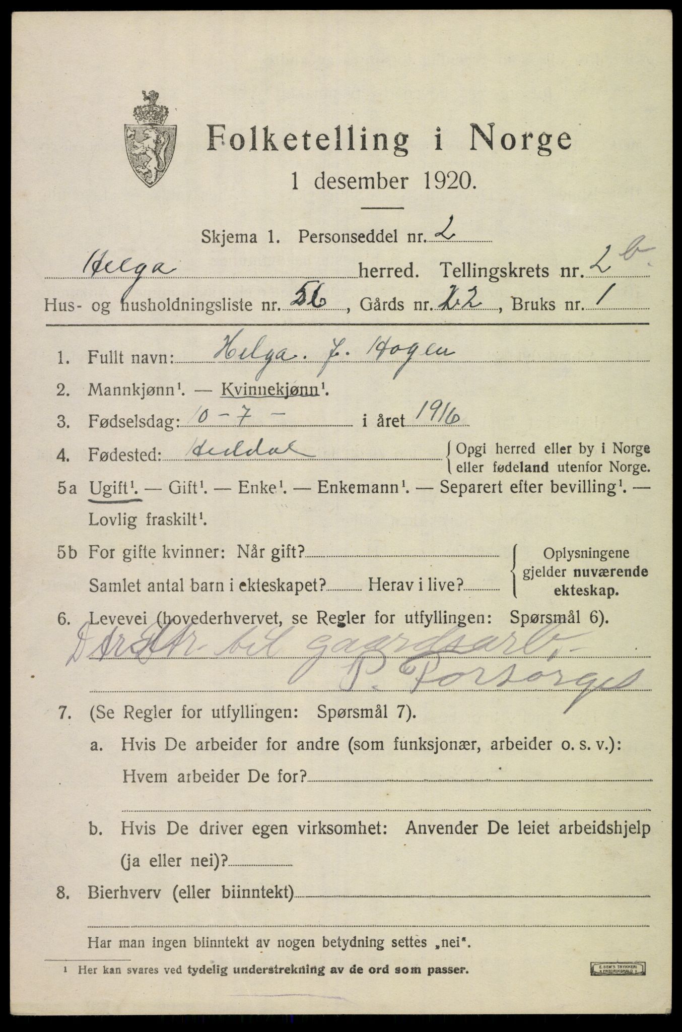 SAKO, 1920 census for Heddal, 1920, p. 3638