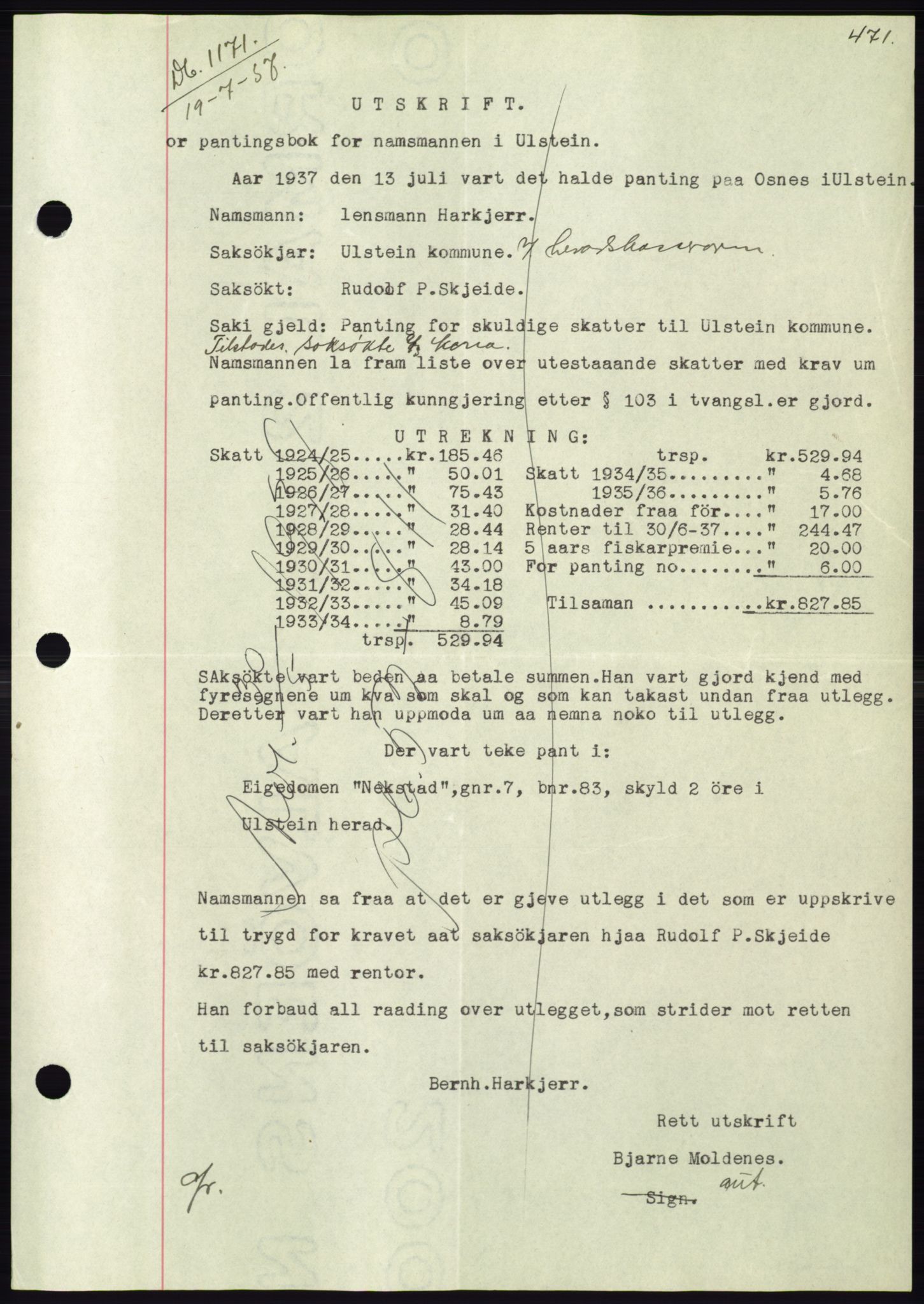 Søre Sunnmøre sorenskriveri, AV/SAT-A-4122/1/2/2C/L0063: Mortgage book no. 57, 1937-1937, Diary no: : 1171/1937