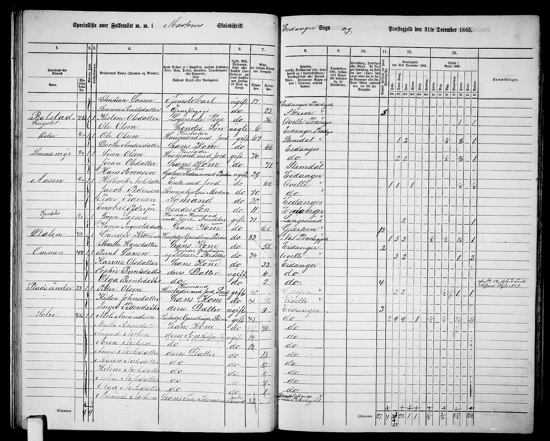 RA, 1865 census for Eidanger, 1865, p. 26