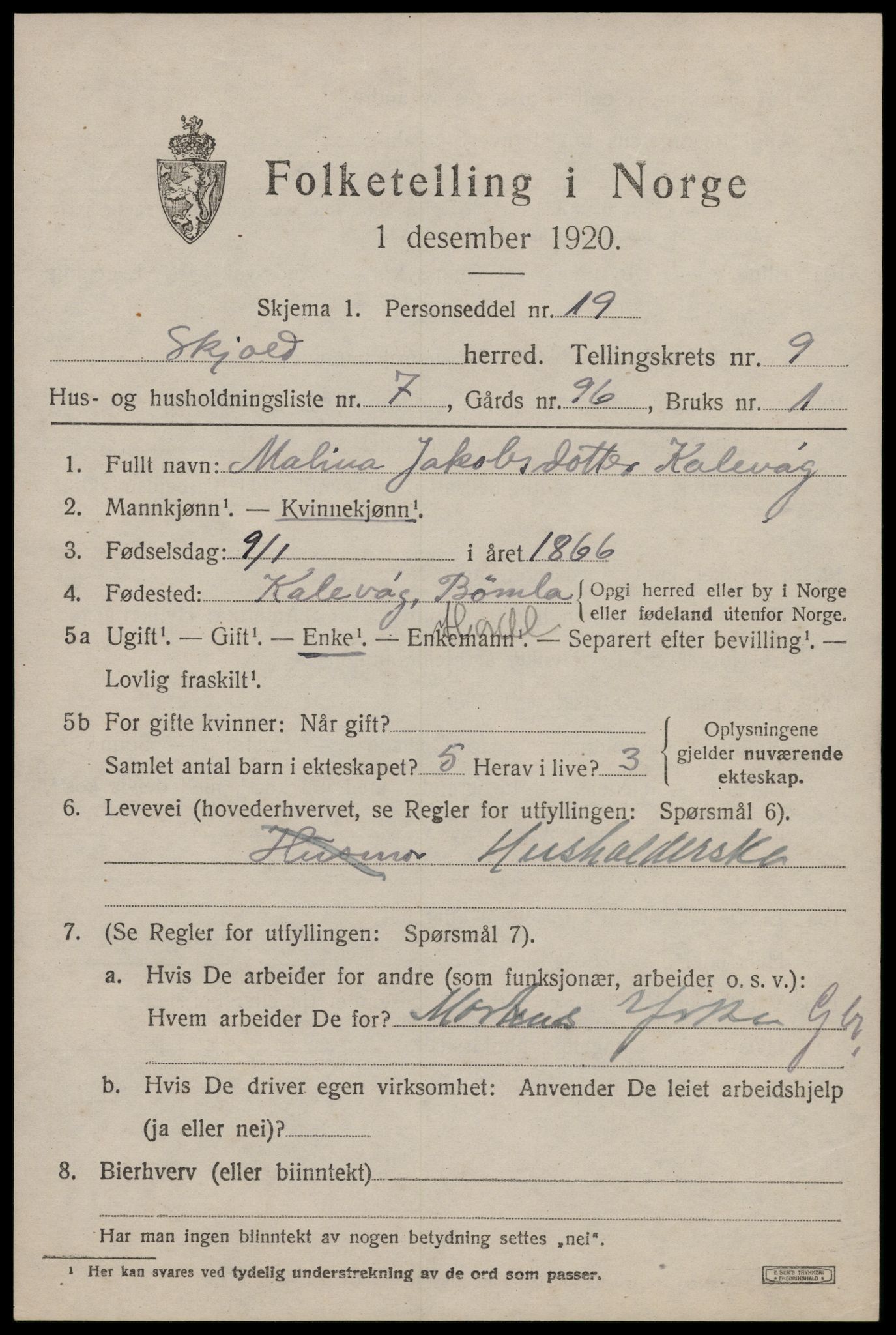 SAST, 1920 census for Skjold, 1920, p. 4422