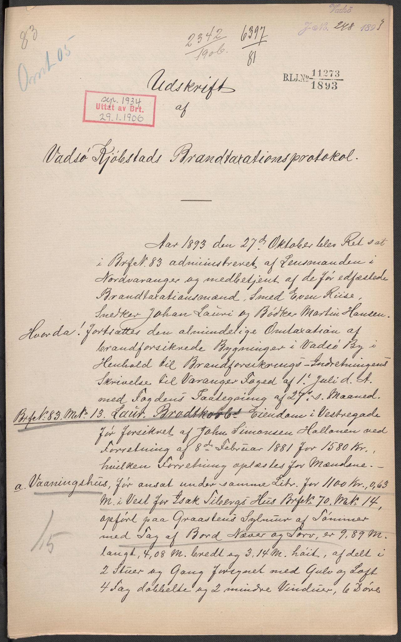Norges Brannkasse, AV/RA-S-1549/E/Eu/L0010: Branntakster for Vadsø by, 1854-1949, p. 30