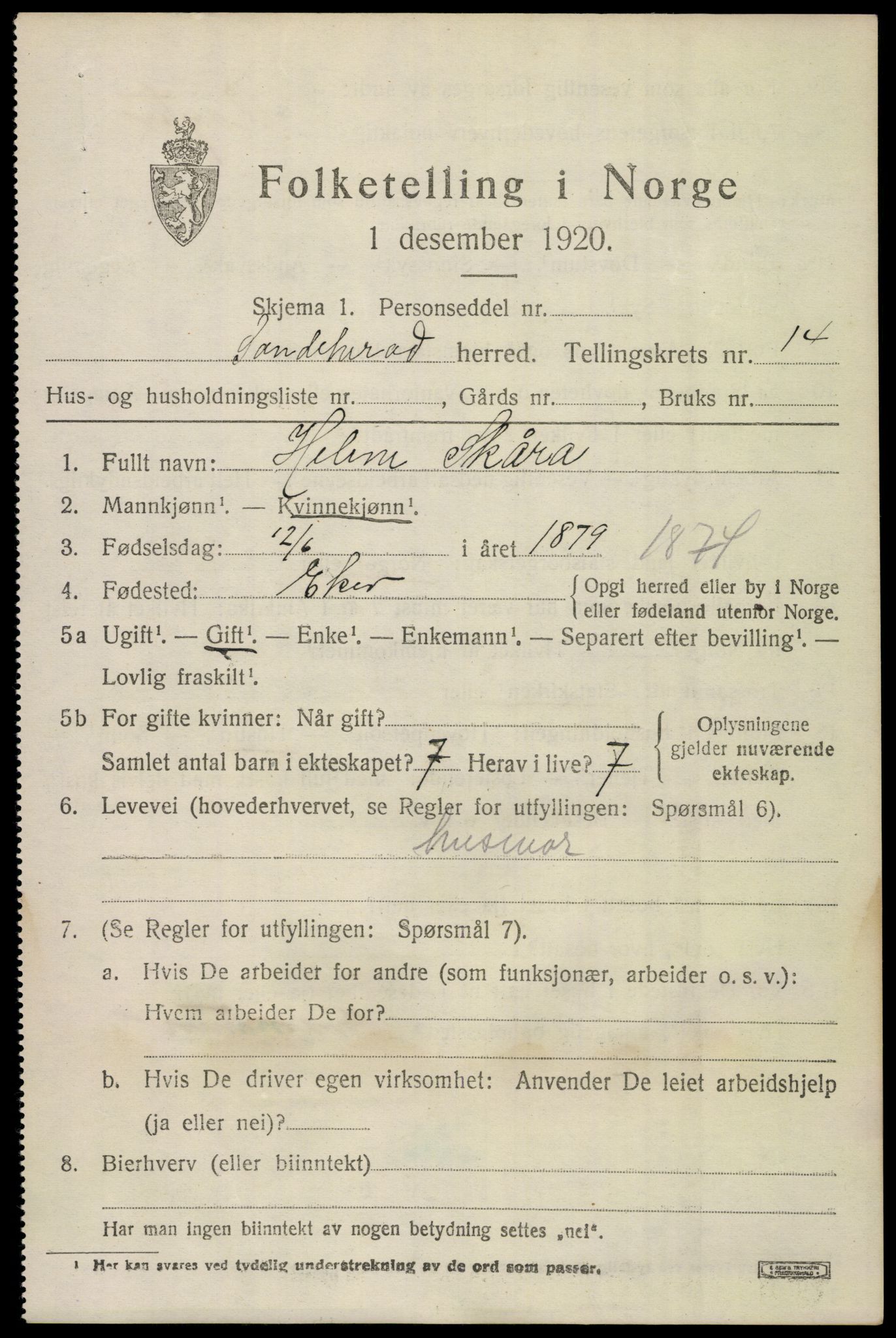 SAKO, 1920 census for Sandeherred, 1920, p. 20186