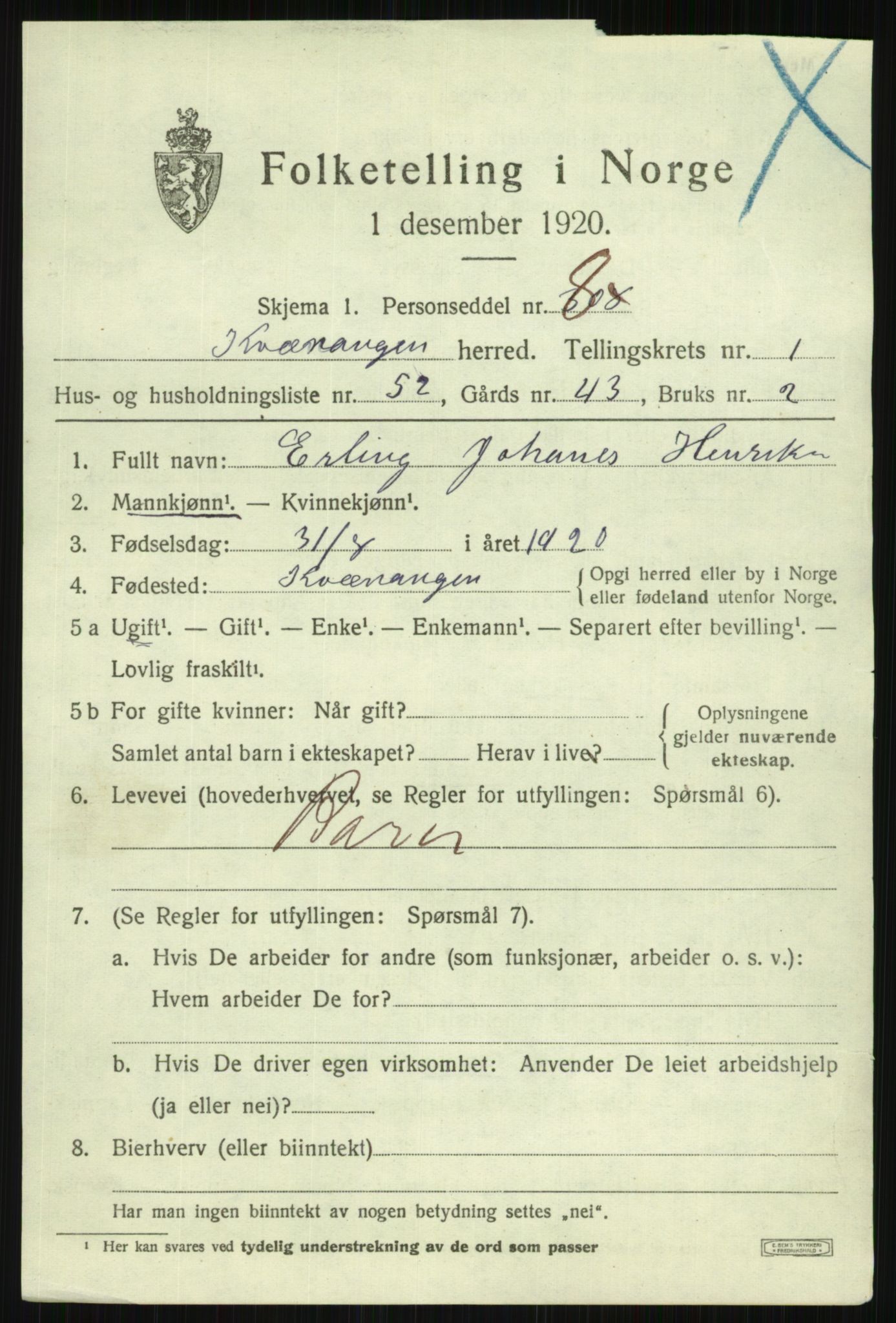 SATØ, 1920 census for Kvænangen, 1920, p. 1214