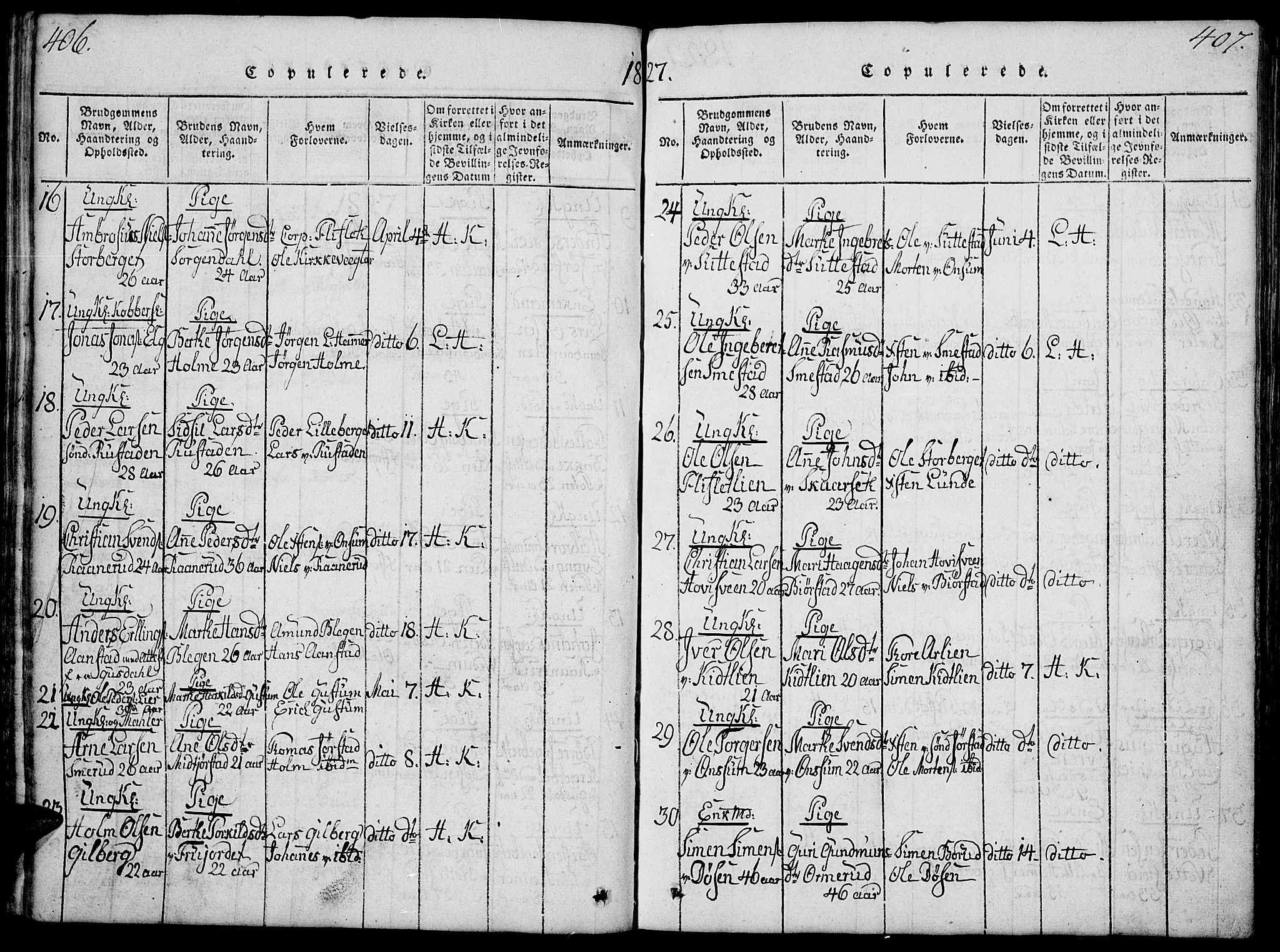 Fåberg prestekontor, SAH/PREST-086/H/Ha/Hab/L0004: Parish register (copy) no. 4, 1818-1837, p. 406-407