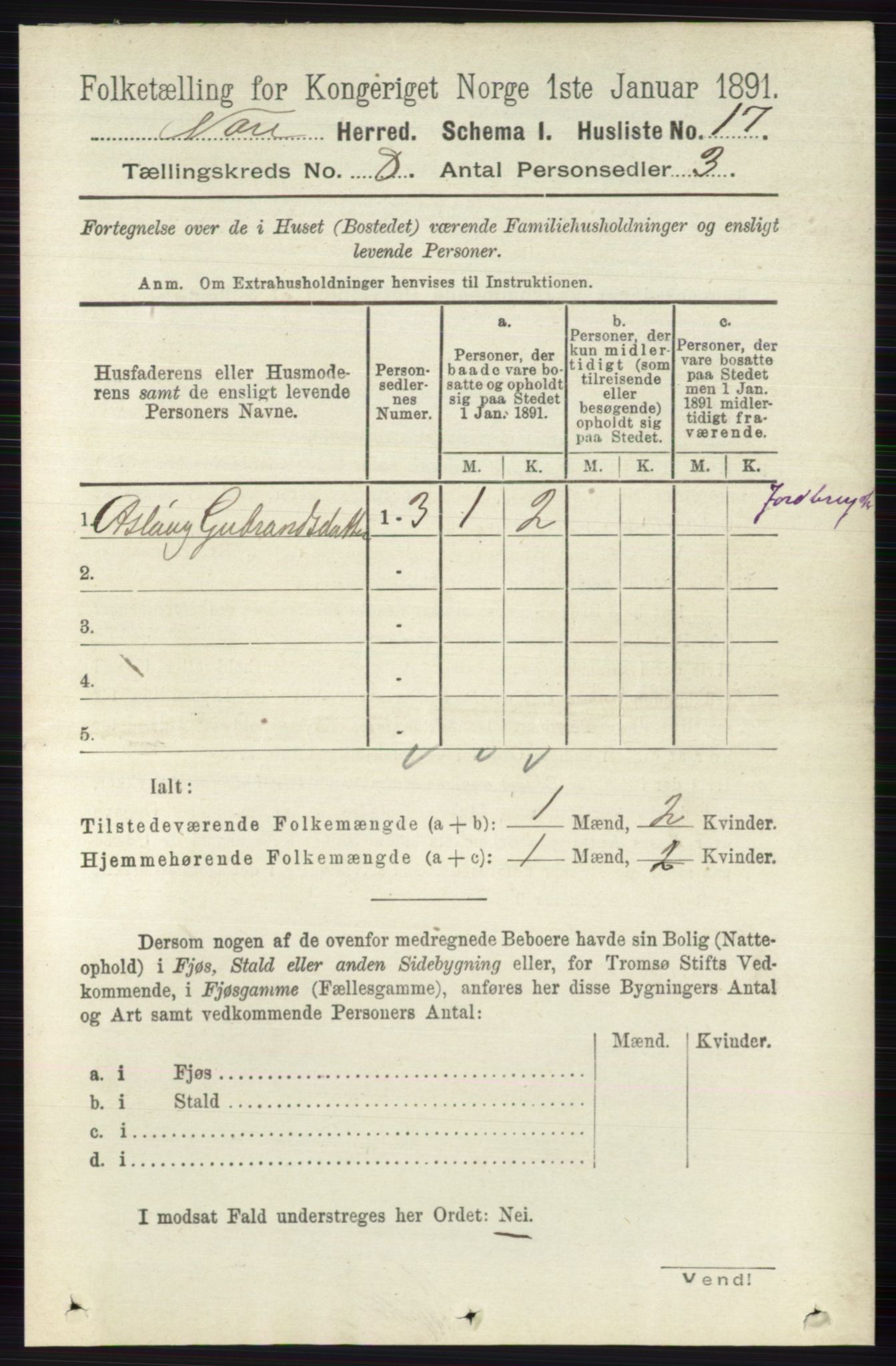 RA, 1891 census for 0633 Nore, 1891, p. 2807