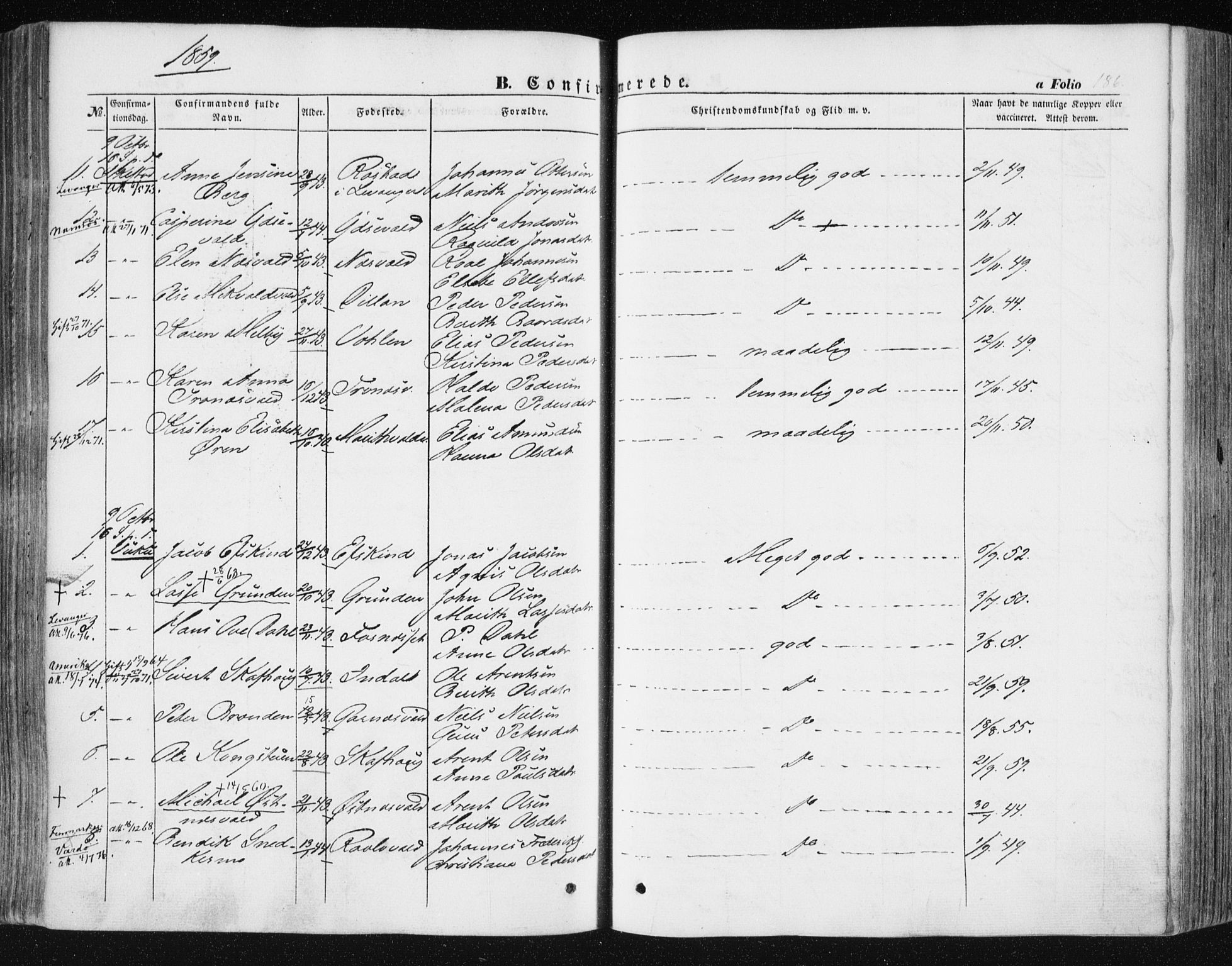 Ministerialprotokoller, klokkerbøker og fødselsregistre - Nord-Trøndelag, AV/SAT-A-1458/723/L0240: Parish register (official) no. 723A09, 1852-1860, p. 186