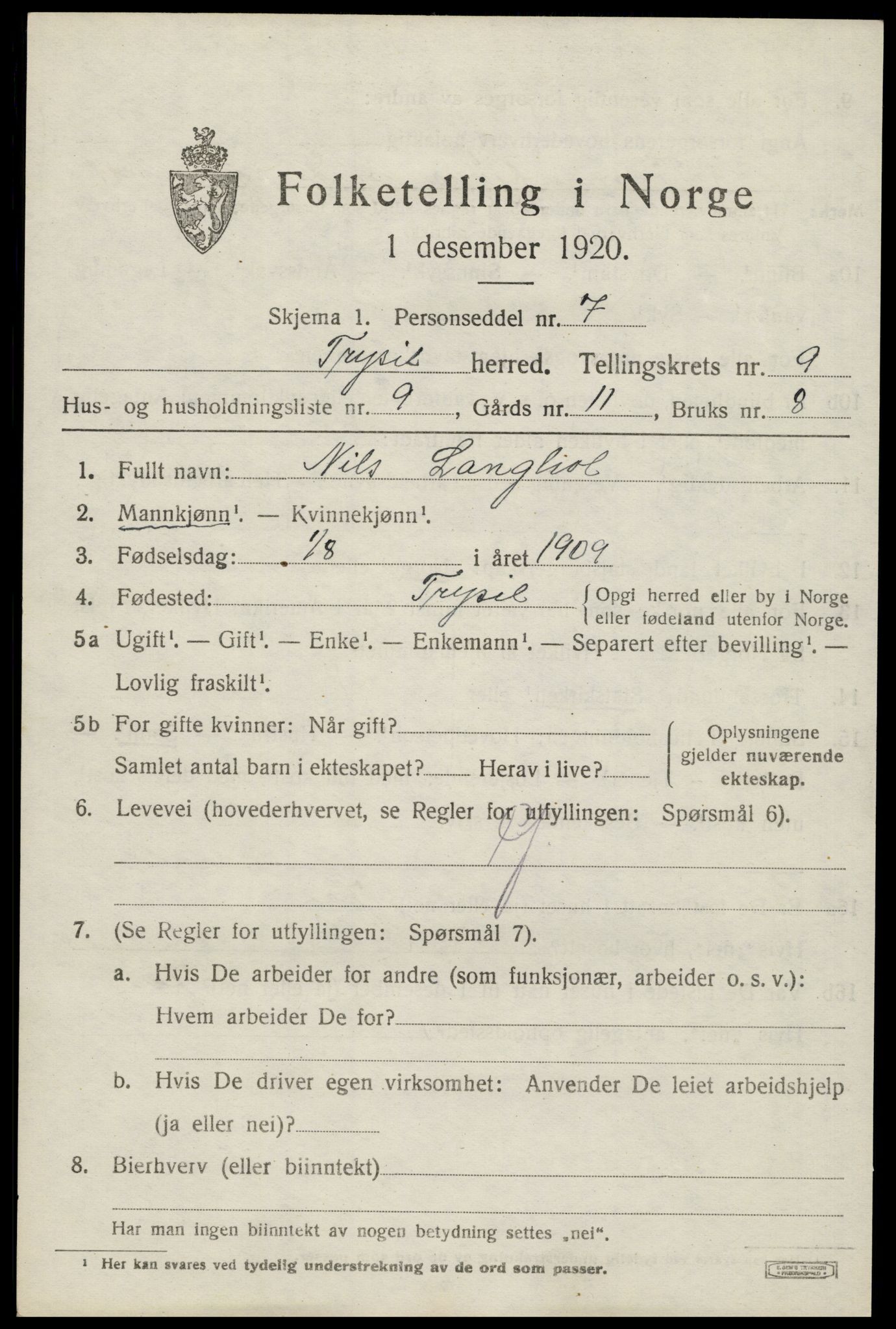 SAH, 1920 census for Trysil, 1920, p. 6655