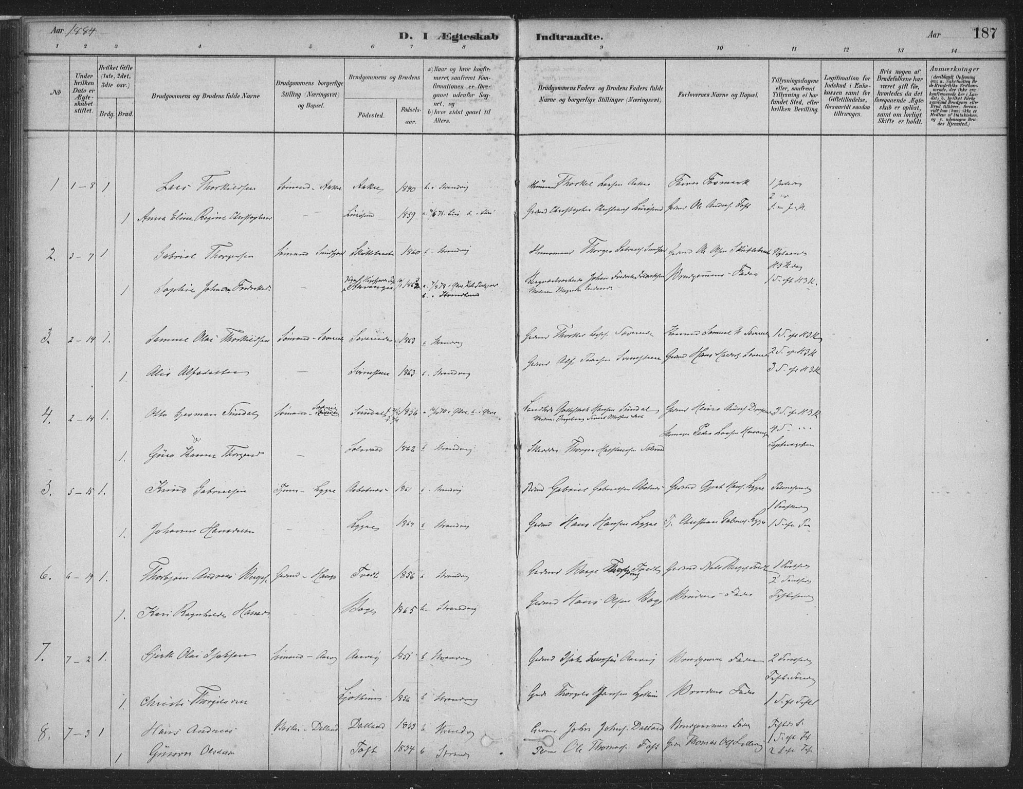 Fusa sokneprestembete, SAB/A-75401/H/Haa: Parish register (official) no. D 1, 1880-1938, p. 187