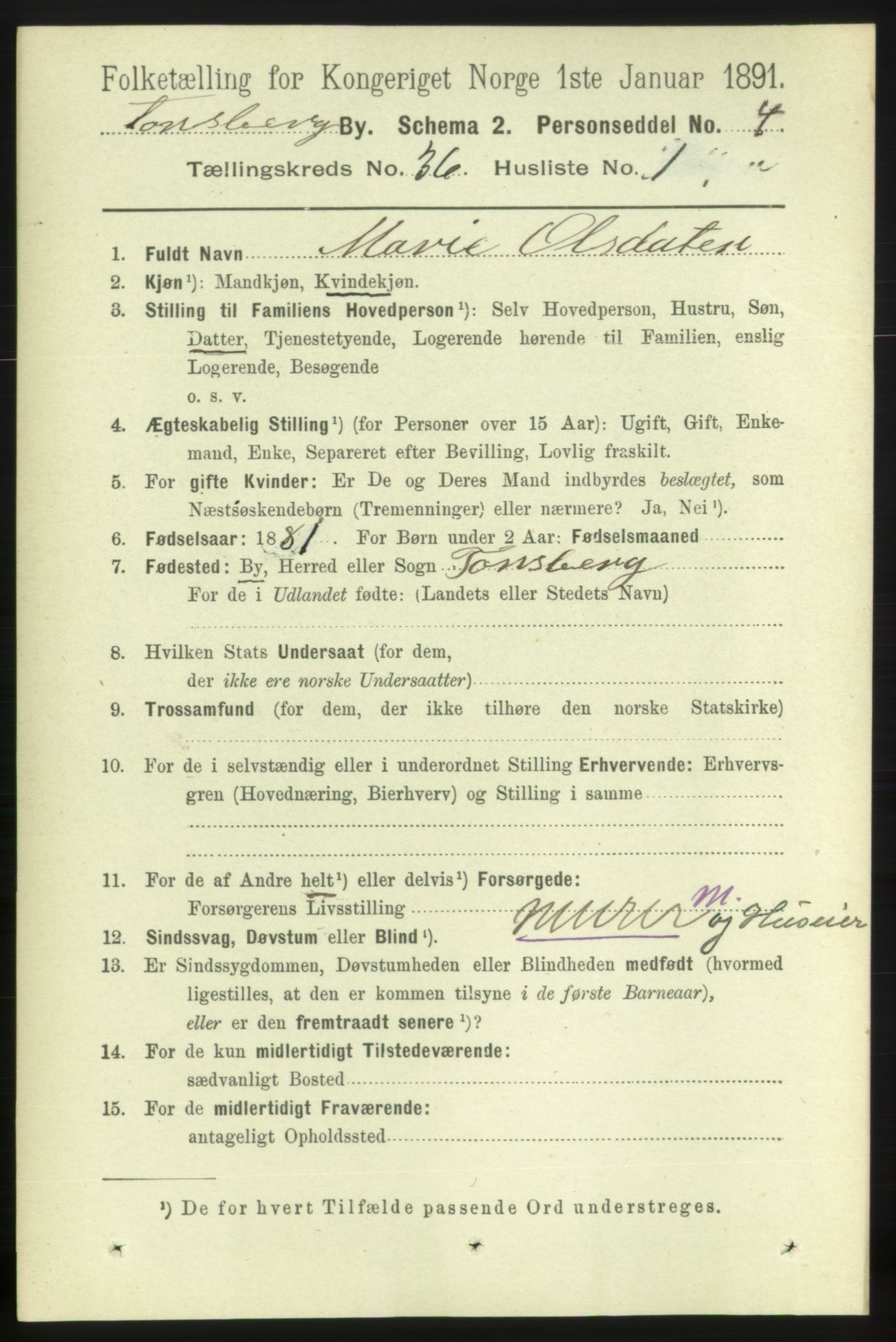 RA, 1891 census for 0705 Tønsberg, 1891, p. 7876