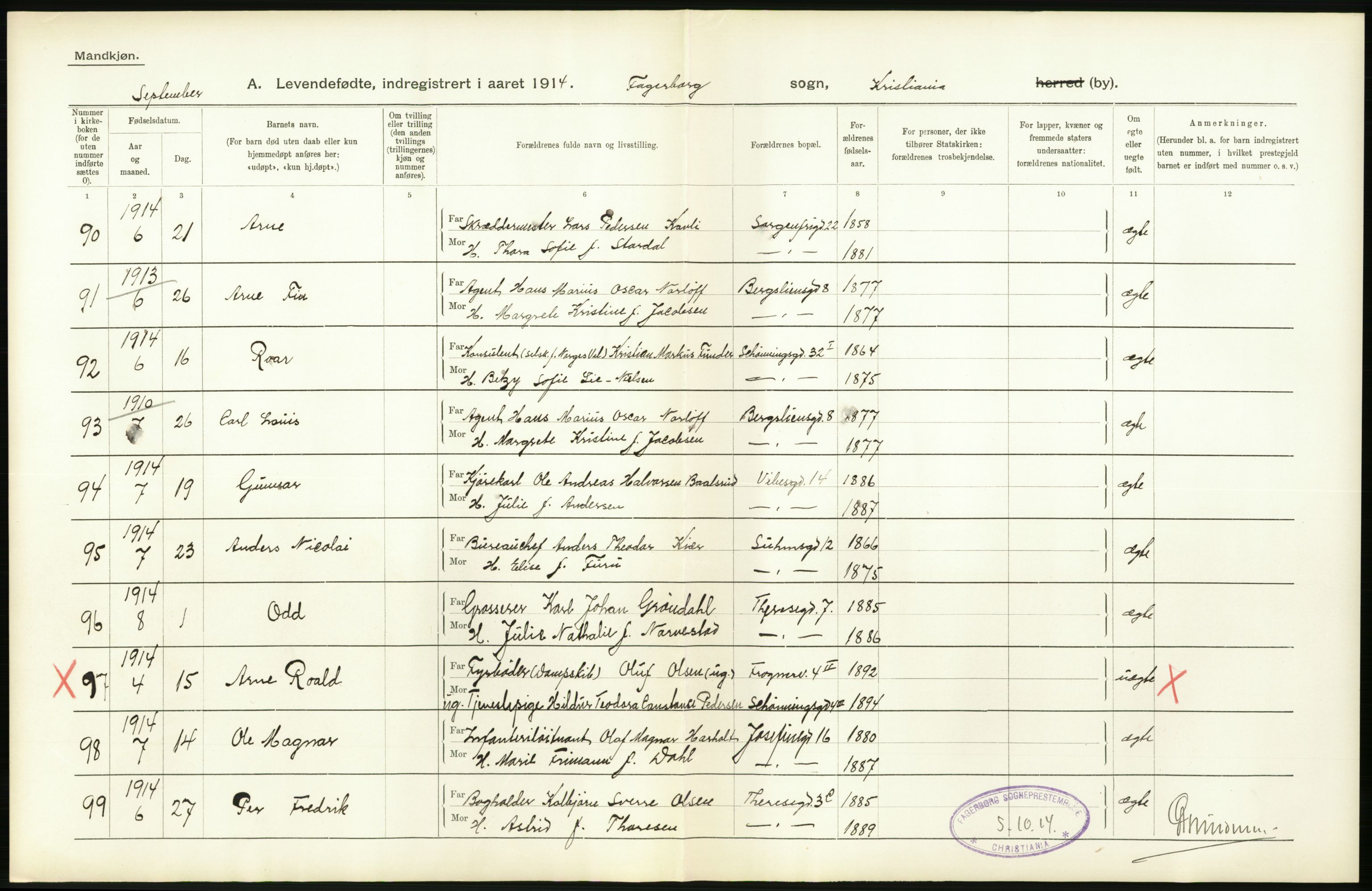 Statistisk sentralbyrå, Sosiodemografiske emner, Befolkning, AV/RA-S-2228/D/Df/Dfb/Dfbd/L0006: Kristiania: Levendefødte menn og kvinner., 1914, p. 92