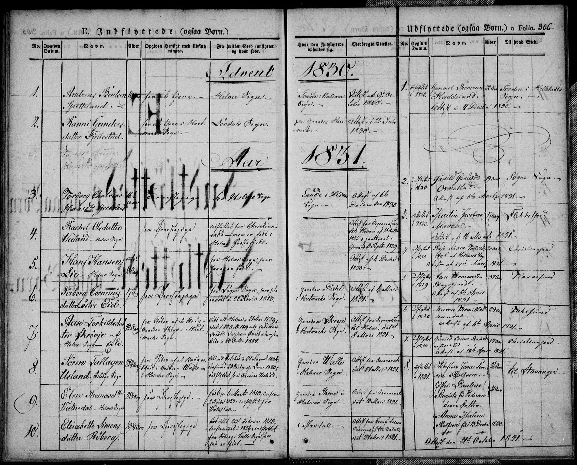 Mandal sokneprestkontor, SAK/1111-0030/F/Fa/Faa/L0011: Parish register (official) no. A 11, 1830-1839, p. 306