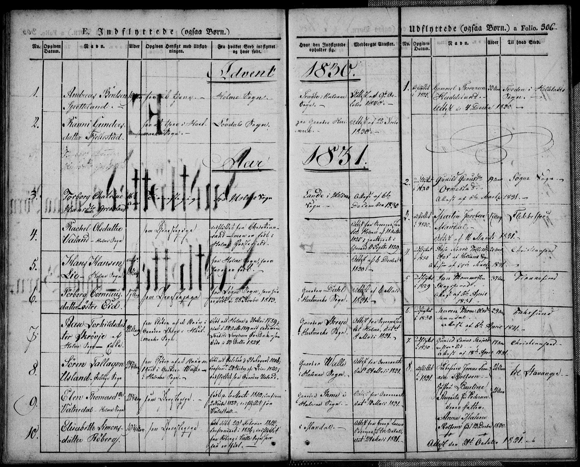 Mandal sokneprestkontor, AV/SAK-1111-0030/F/Fa/Faa/L0011: Parish register (official) no. A 11, 1830-1839, p. 306