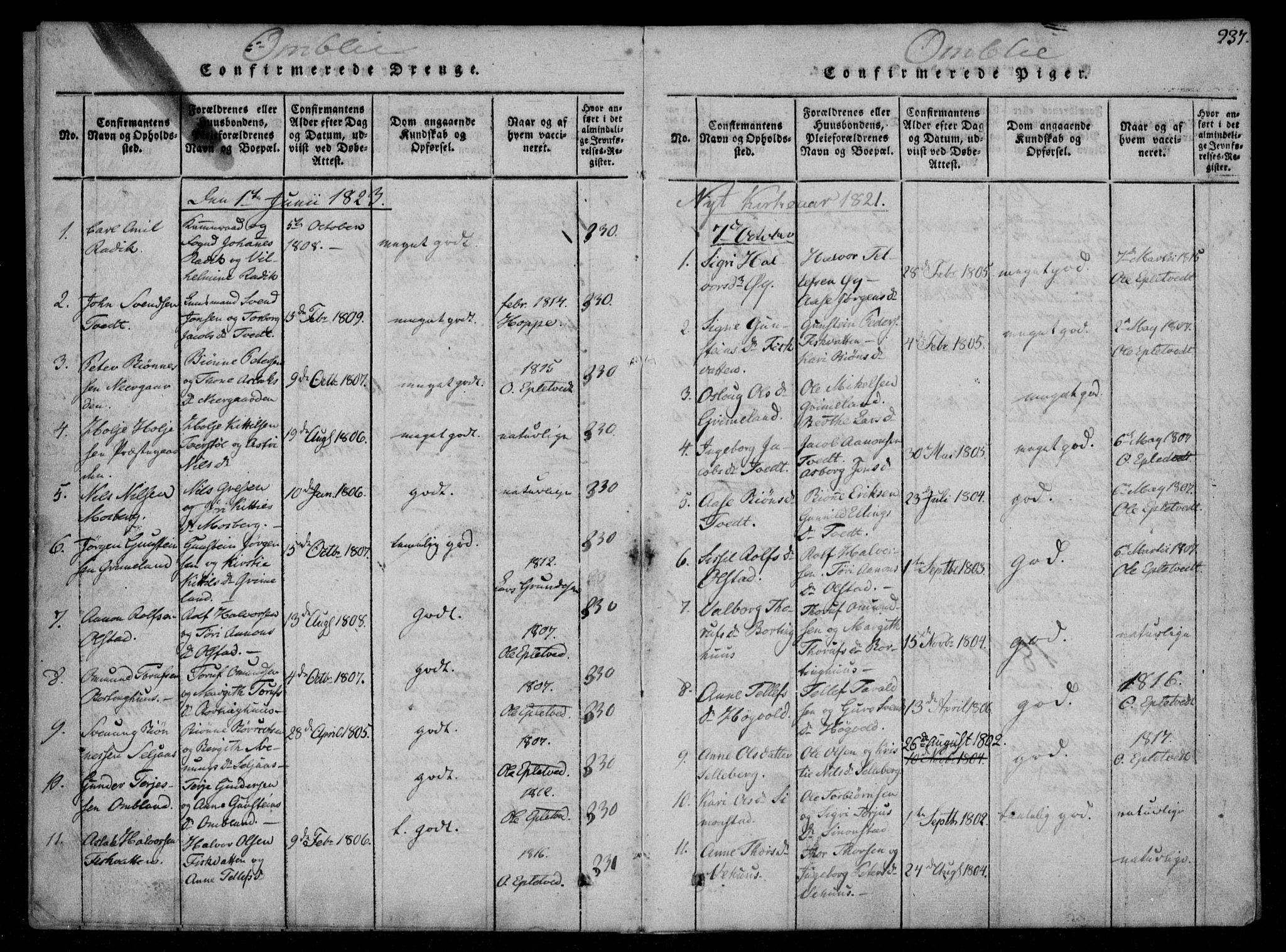 Åmli sokneprestkontor, SAK/1111-0050/F/Fa/Fac/L0006: Parish register (official) no. A 6, 1816-1829, p. 237