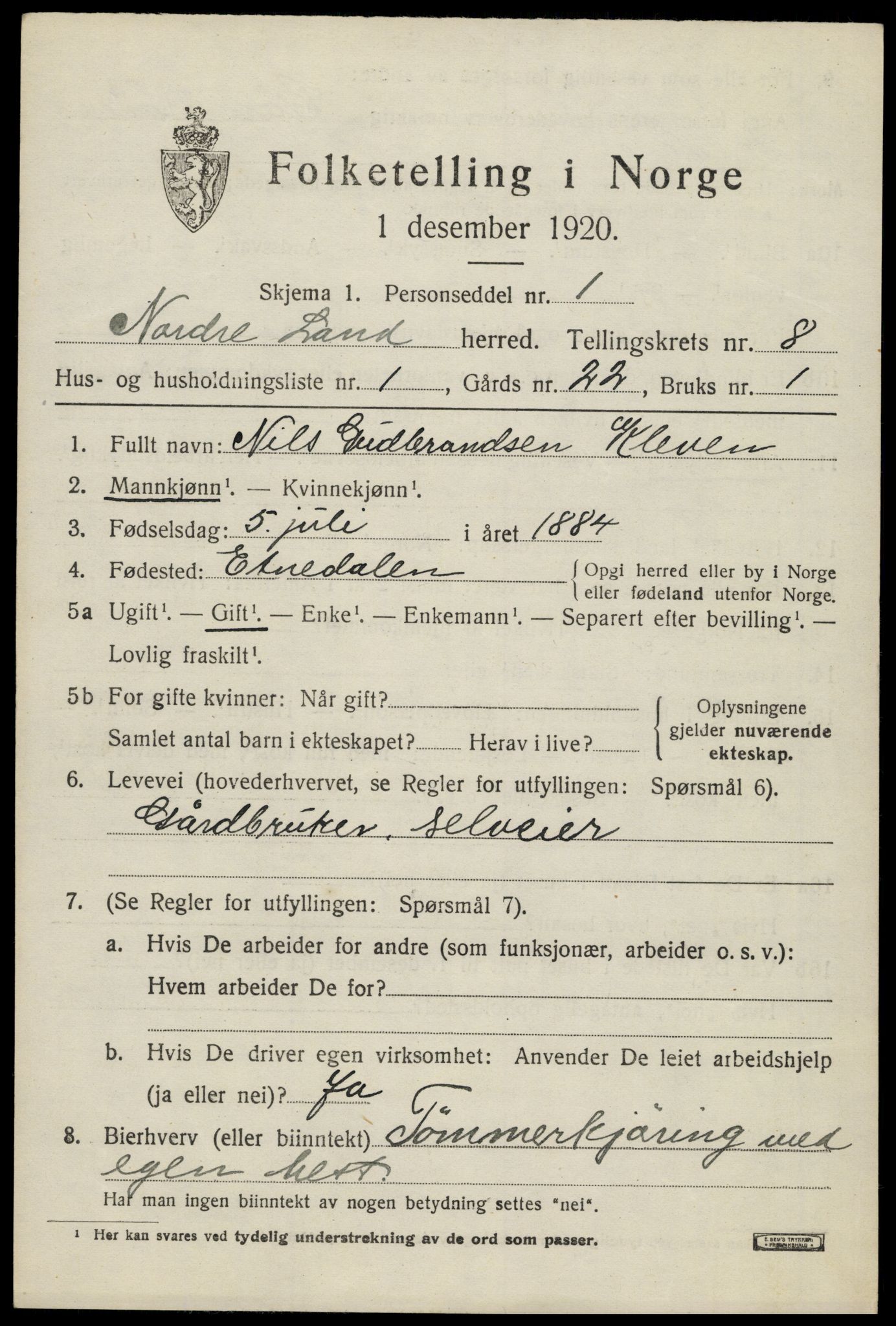 SAH, 1920 census for Nordre Land, 1920, p. 4752