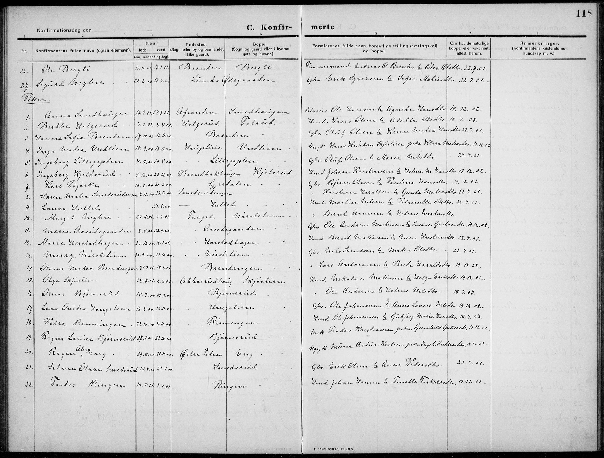 Nordre Land prestekontor, AV/SAH-PREST-124/H/Ha/Hab/L0002: Parish register (copy) no. 2, 1909-1934, p. 118