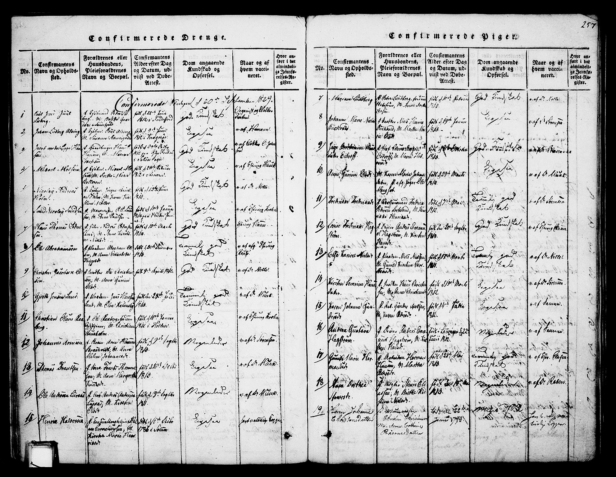 Skien kirkebøker, SAKO/A-302/F/Fa/L0005: Parish register (official) no. 5, 1814-1843, p. 257