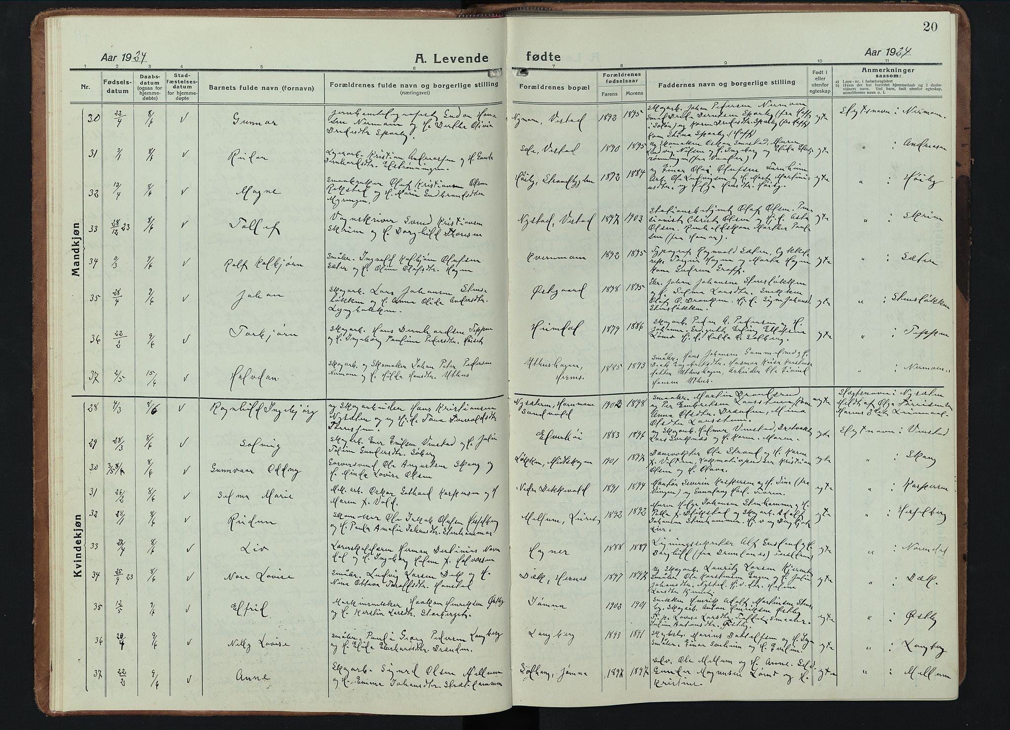 Elverum prestekontor, SAH/PREST-044/H/Ha/Hab/L0015: Parish register (copy) no. 15, 1922-1945, p. 20