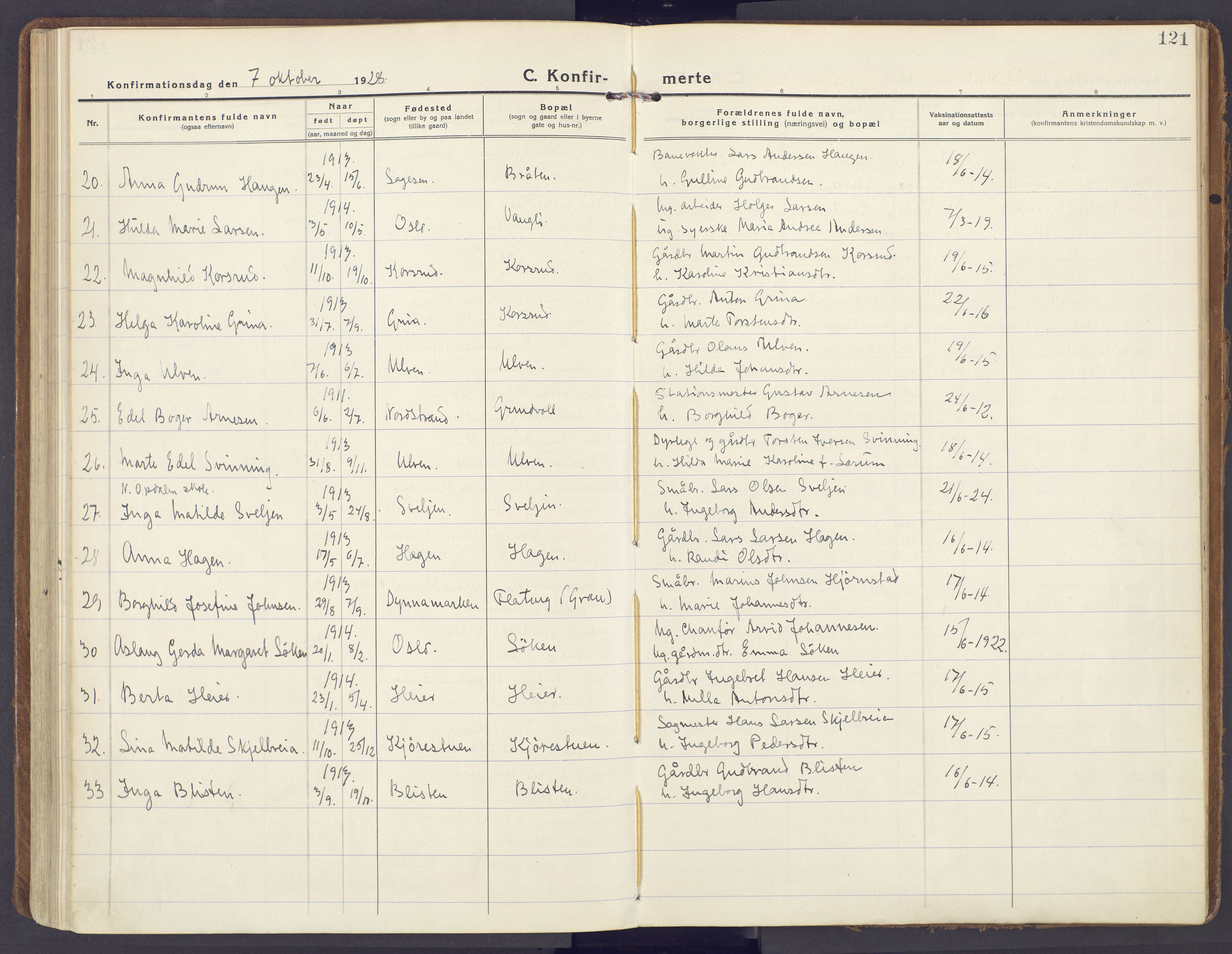 Lunner prestekontor, SAH/PREST-118/H/Ha/Haa/L0002: Parish register (official) no. 2, 1922-1931, p. 121