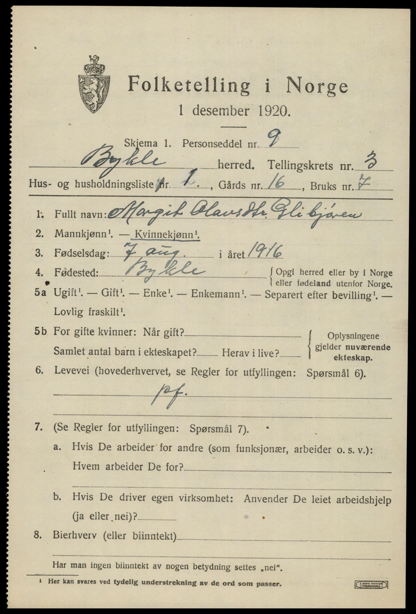 SAK, 1920 census for Bykle, 1920, p. 1039