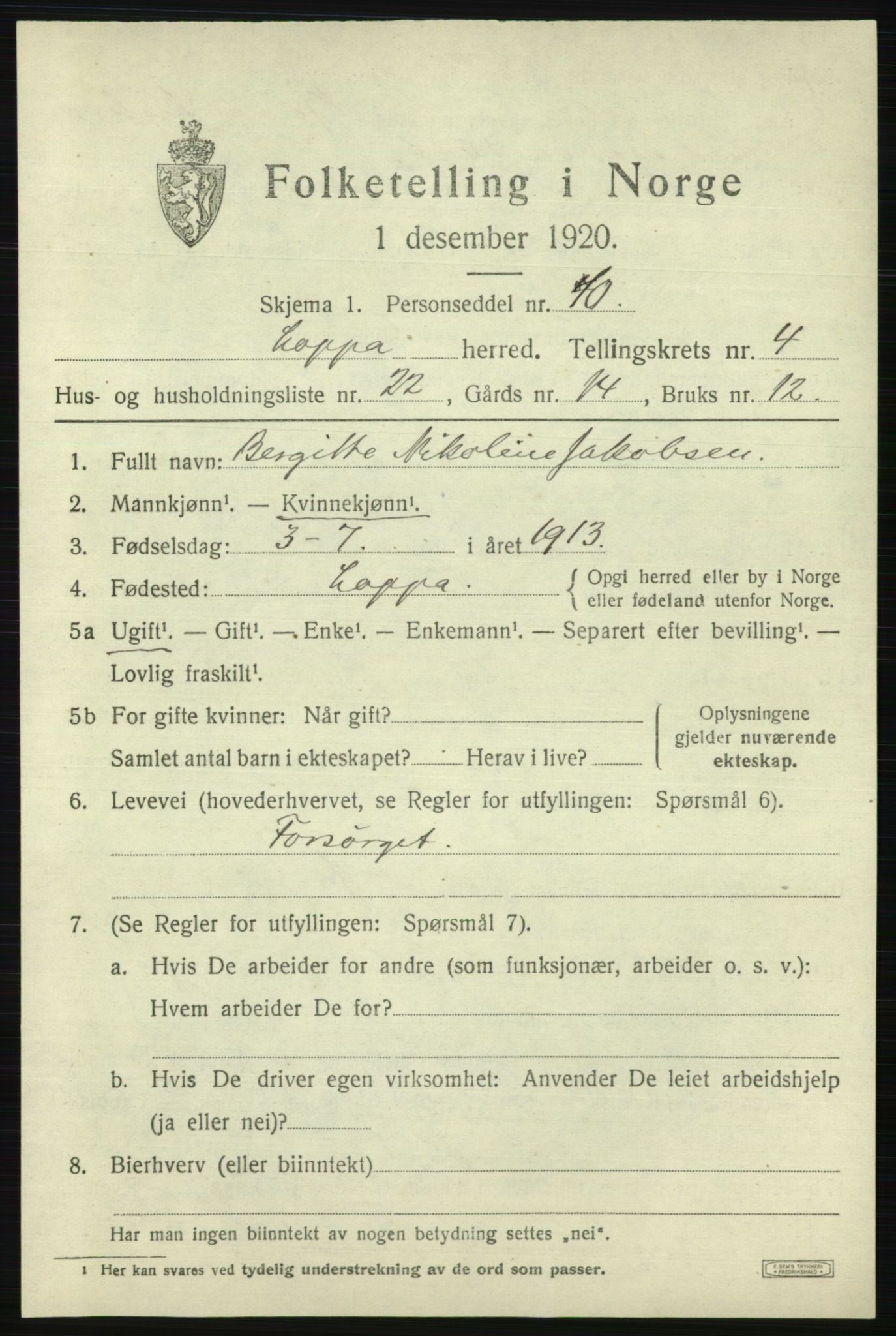 SATØ, 1920 census for Loppa, 1920, p. 1552