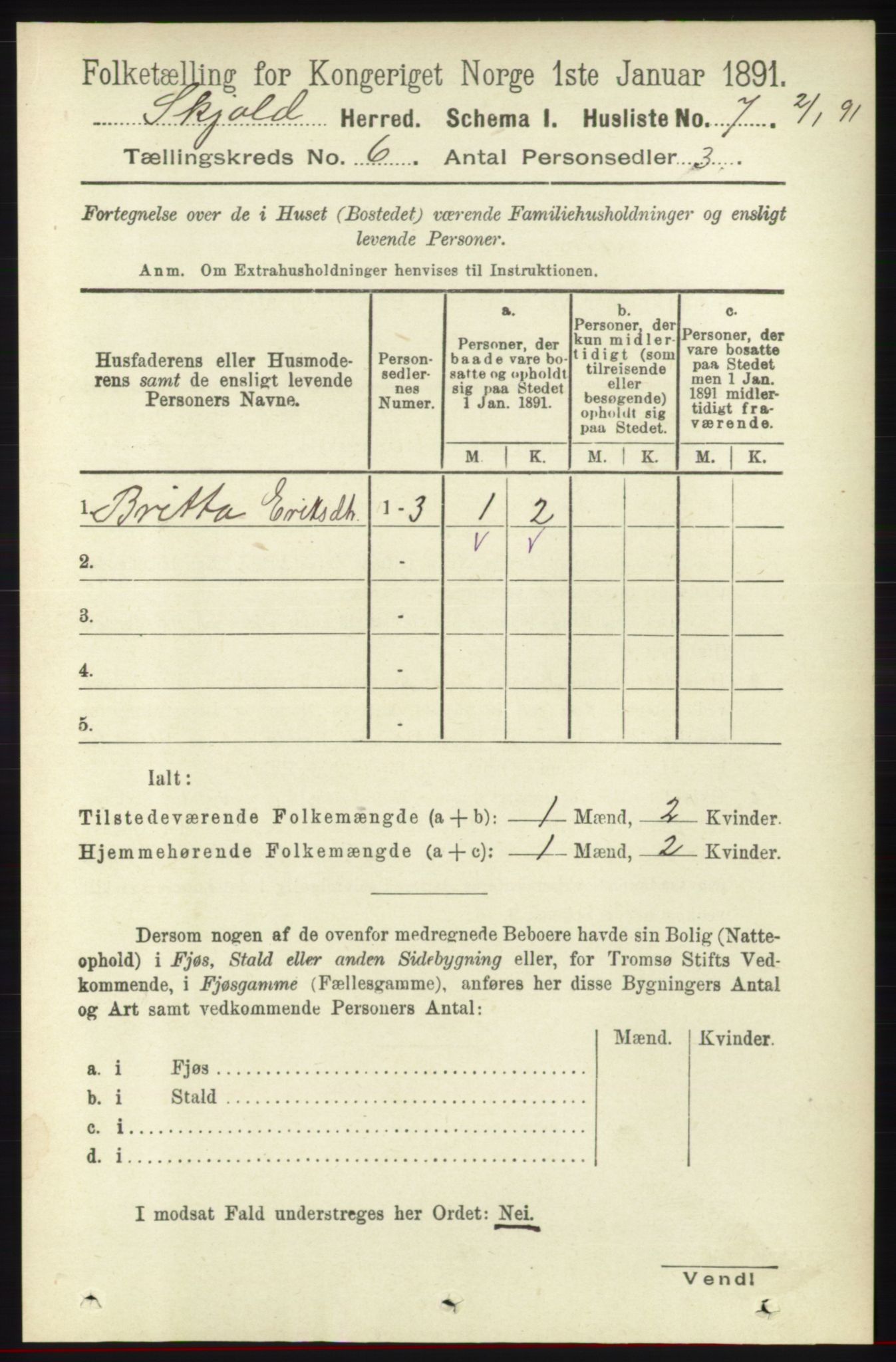 RA, 1891 census for 1154 Skjold, 1891, p. 956