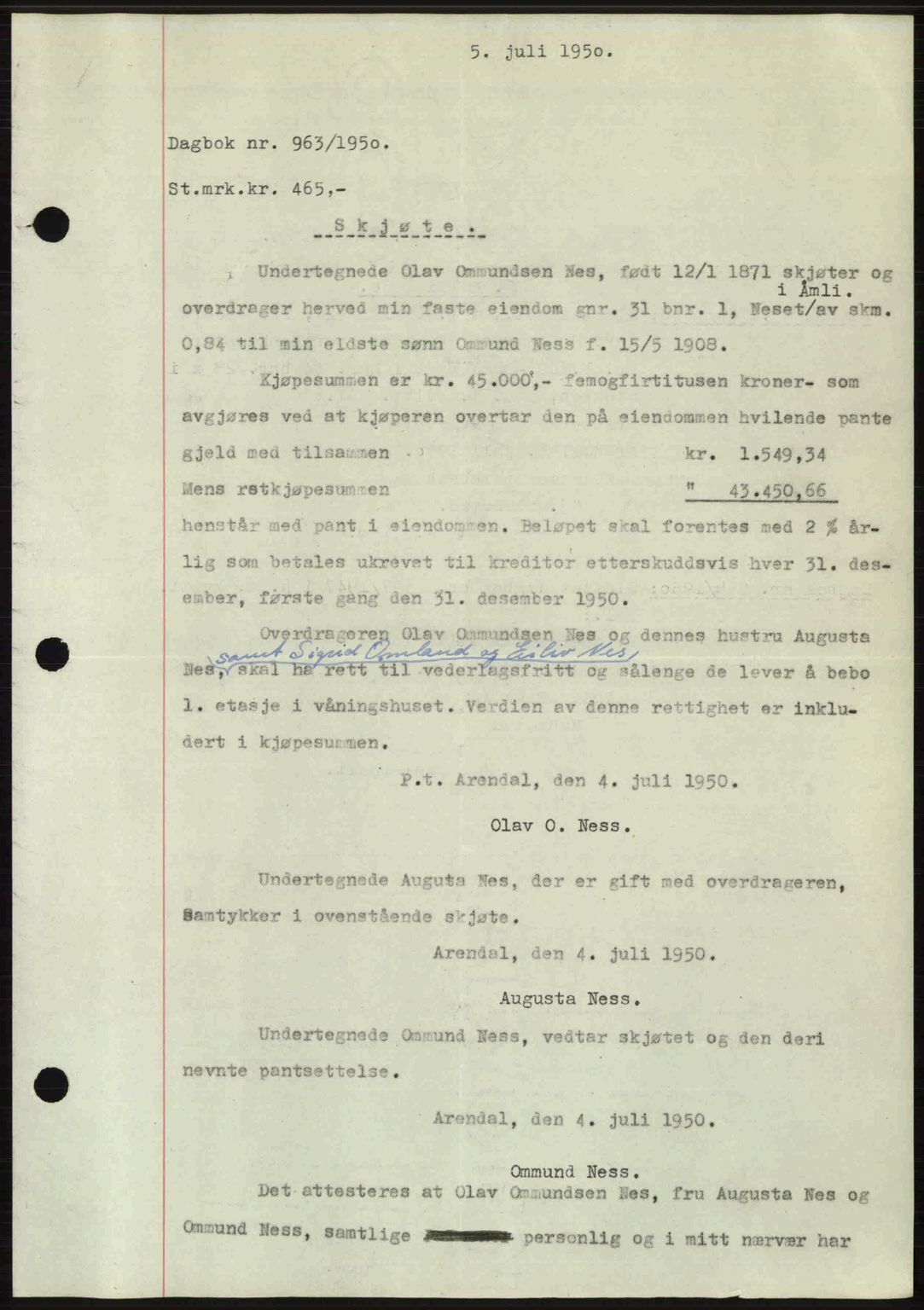 Nedenes sorenskriveri, AV/SAK-1221-0006/G/Gb/Gba/L0062: Mortgage book no. A14, 1949-1950, Diary no: : 963/1950