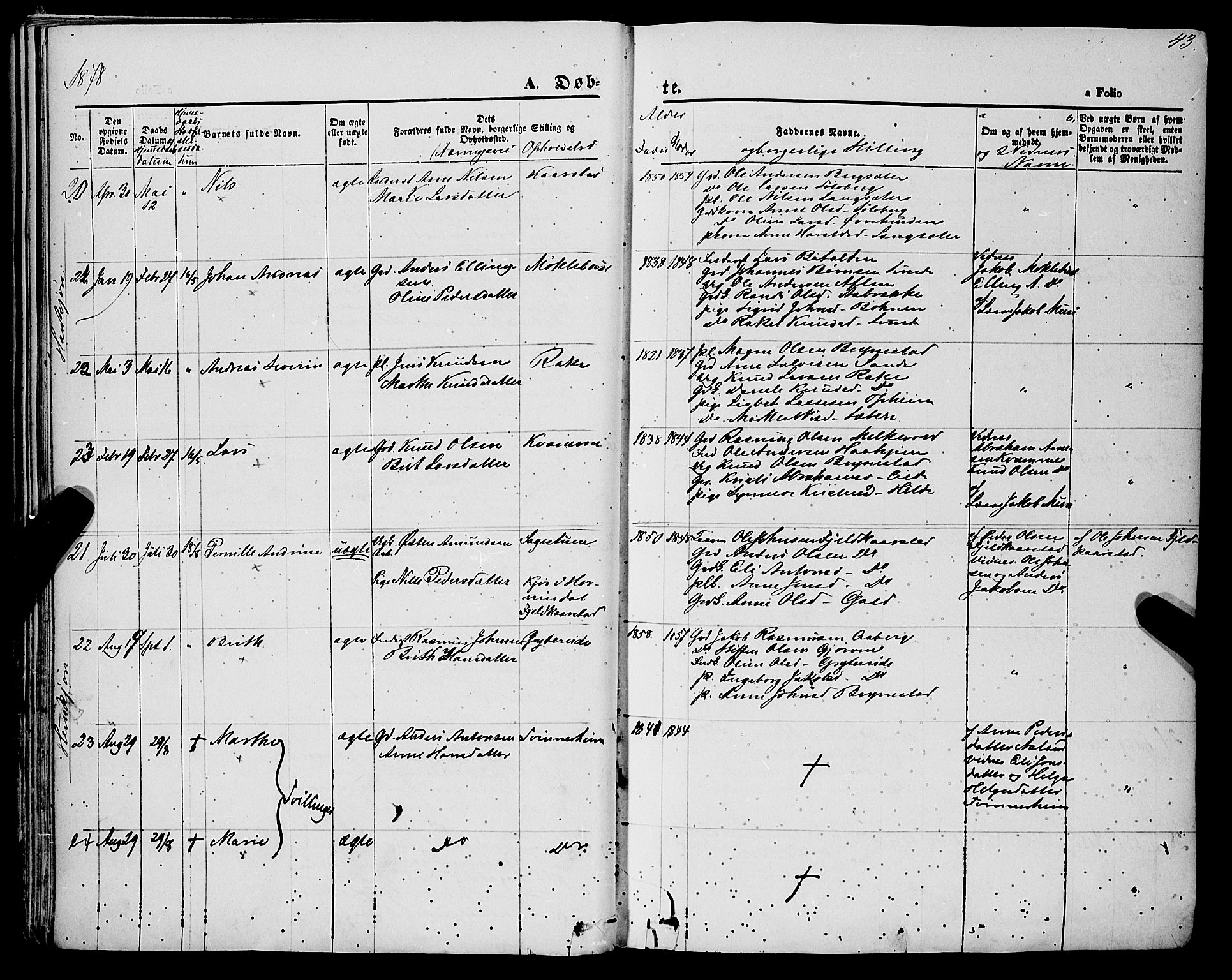 Innvik sokneprestembete, AV/SAB-A-80501: Parish register (official) no. A 6, 1865-1878, p. 43