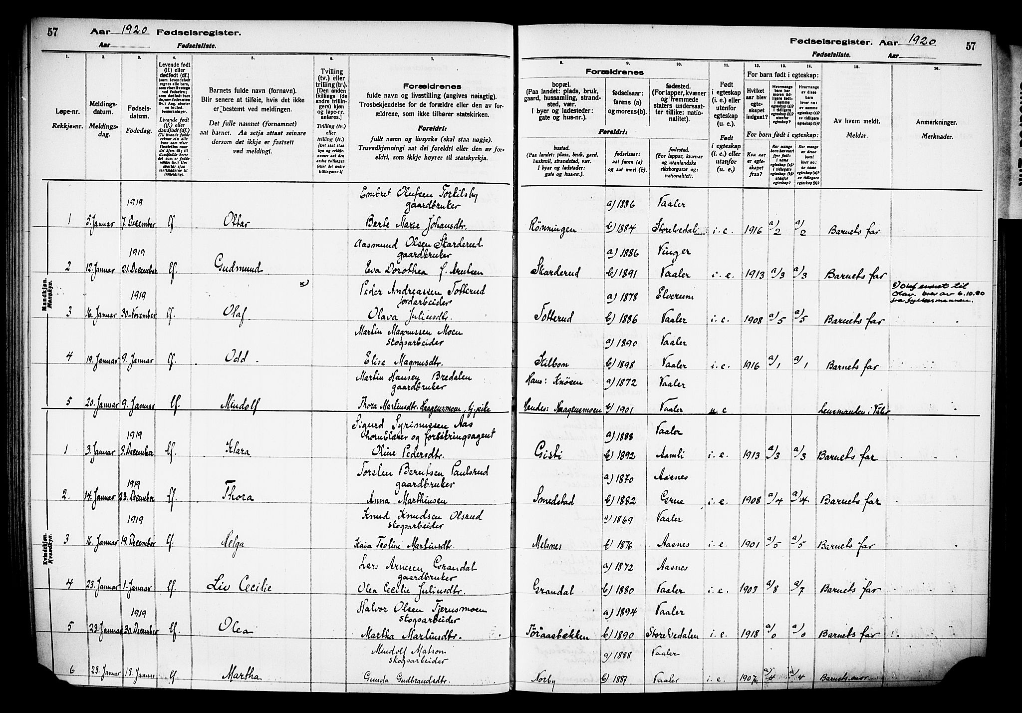 Våler prestekontor, Hedmark, AV/SAH-PREST-040/I/Id/L0001: Birth register no. 1, 1916-1930, p. 57