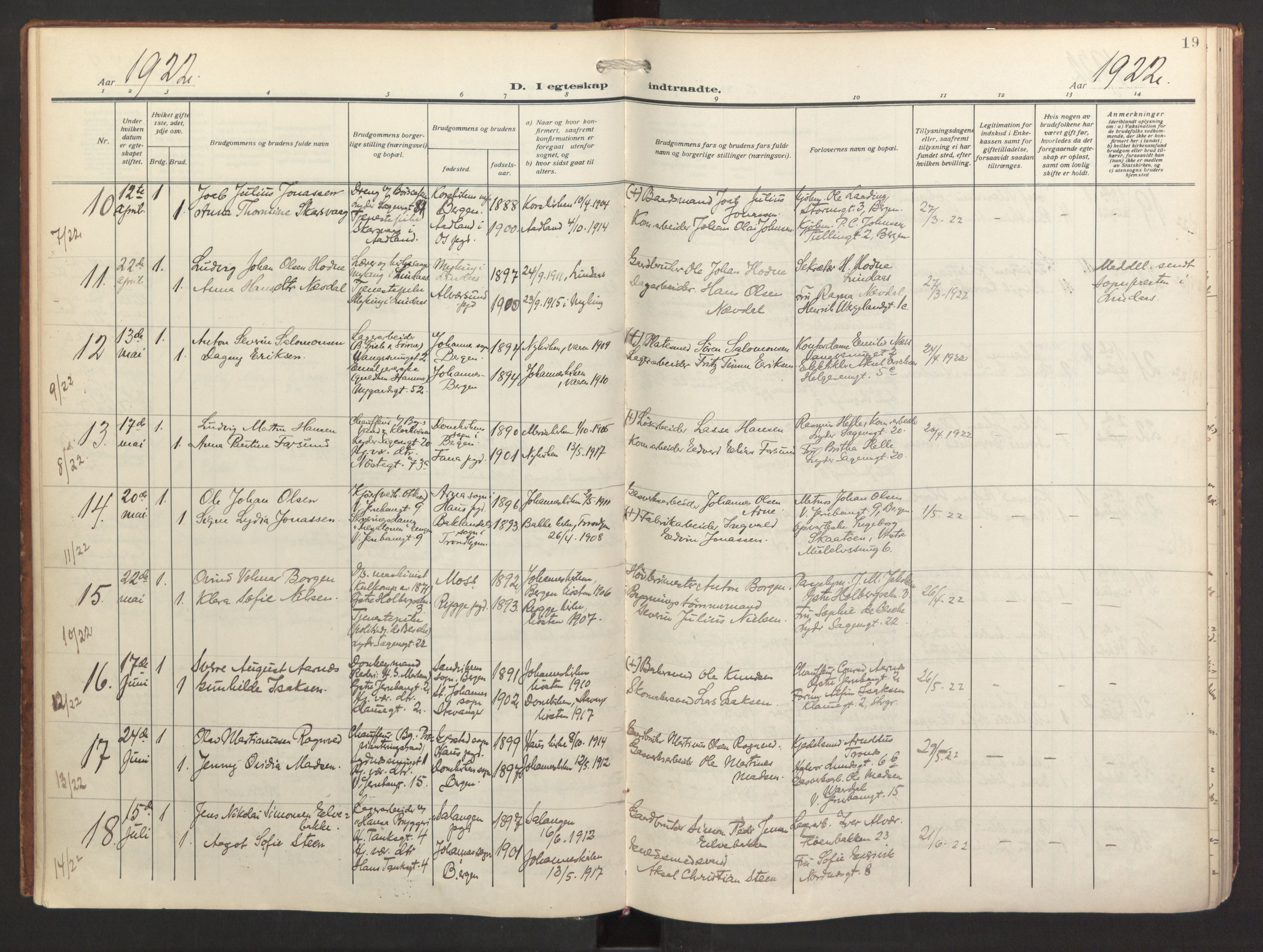 St. Jacob sokneprestembete, AV/SAB-A-78001/H/Haa/L0005: Parish register (official) no. C 1, 1917-1951, p. 19