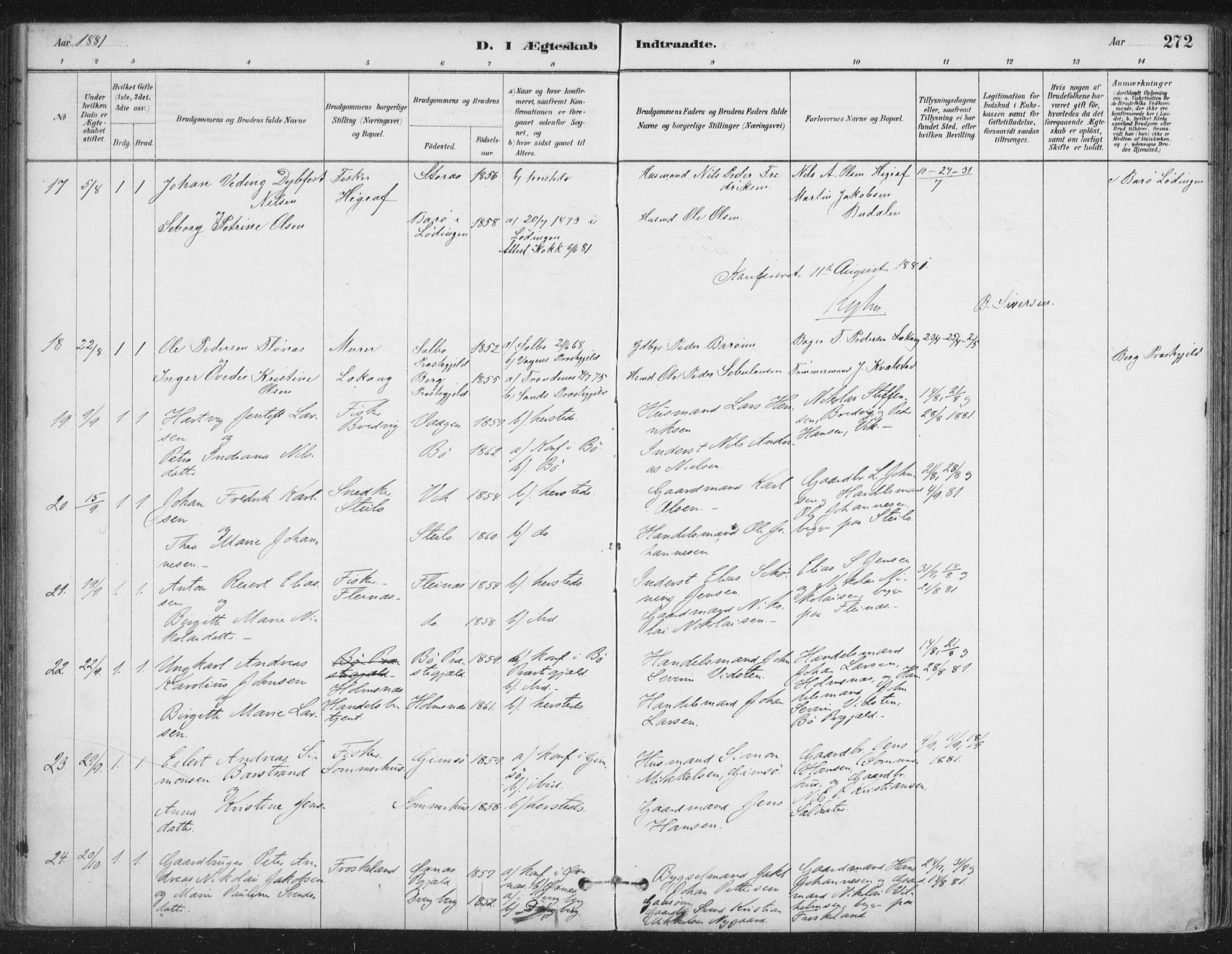 Ministerialprotokoller, klokkerbøker og fødselsregistre - Nordland, AV/SAT-A-1459/888/L1244: Parish register (official) no. 888A10, 1880-1890, p. 272