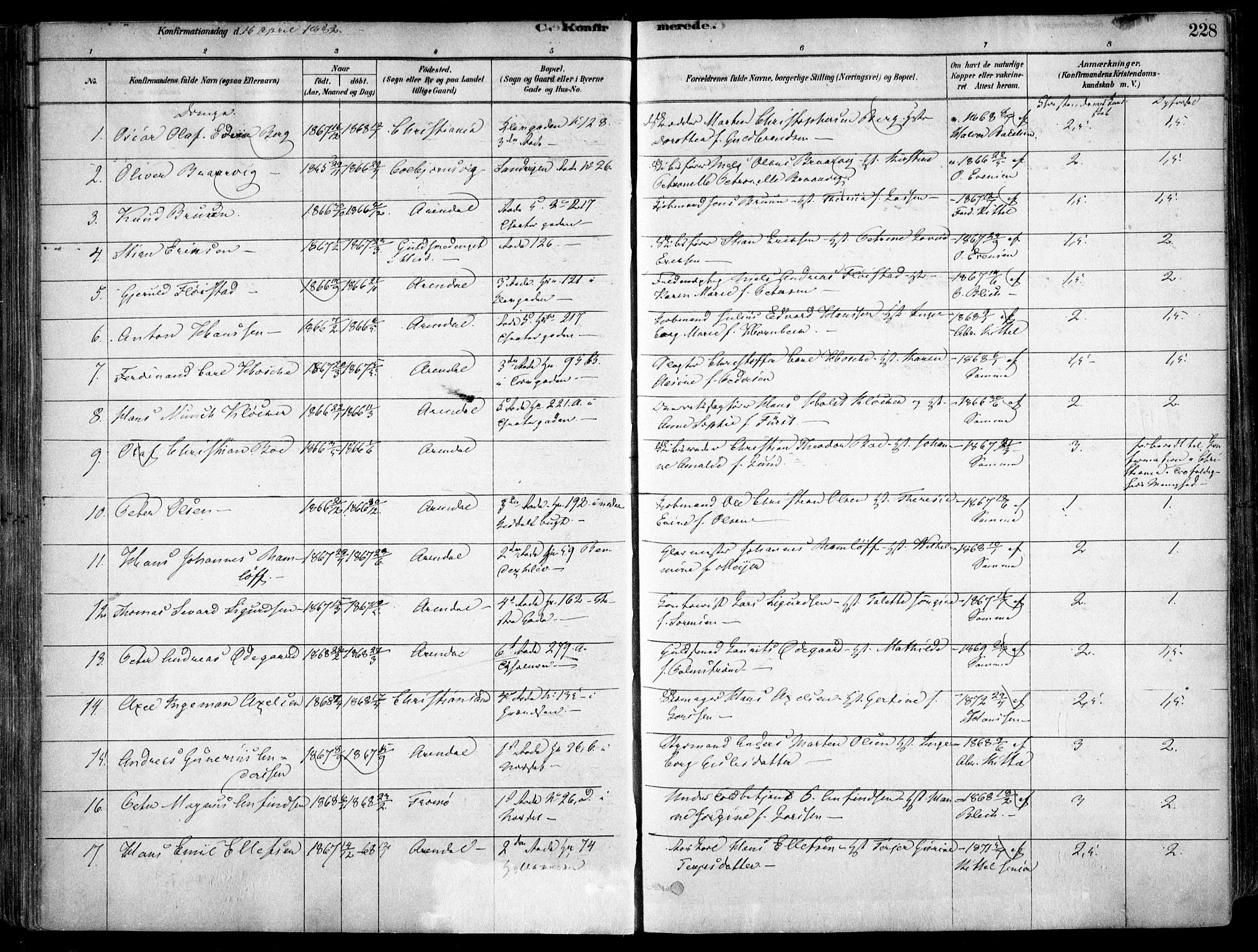 Arendal sokneprestkontor, Trefoldighet, SAK/1111-0040/F/Fa/L0008: Parish register (official) no. A 8, 1878-1899, p. 228