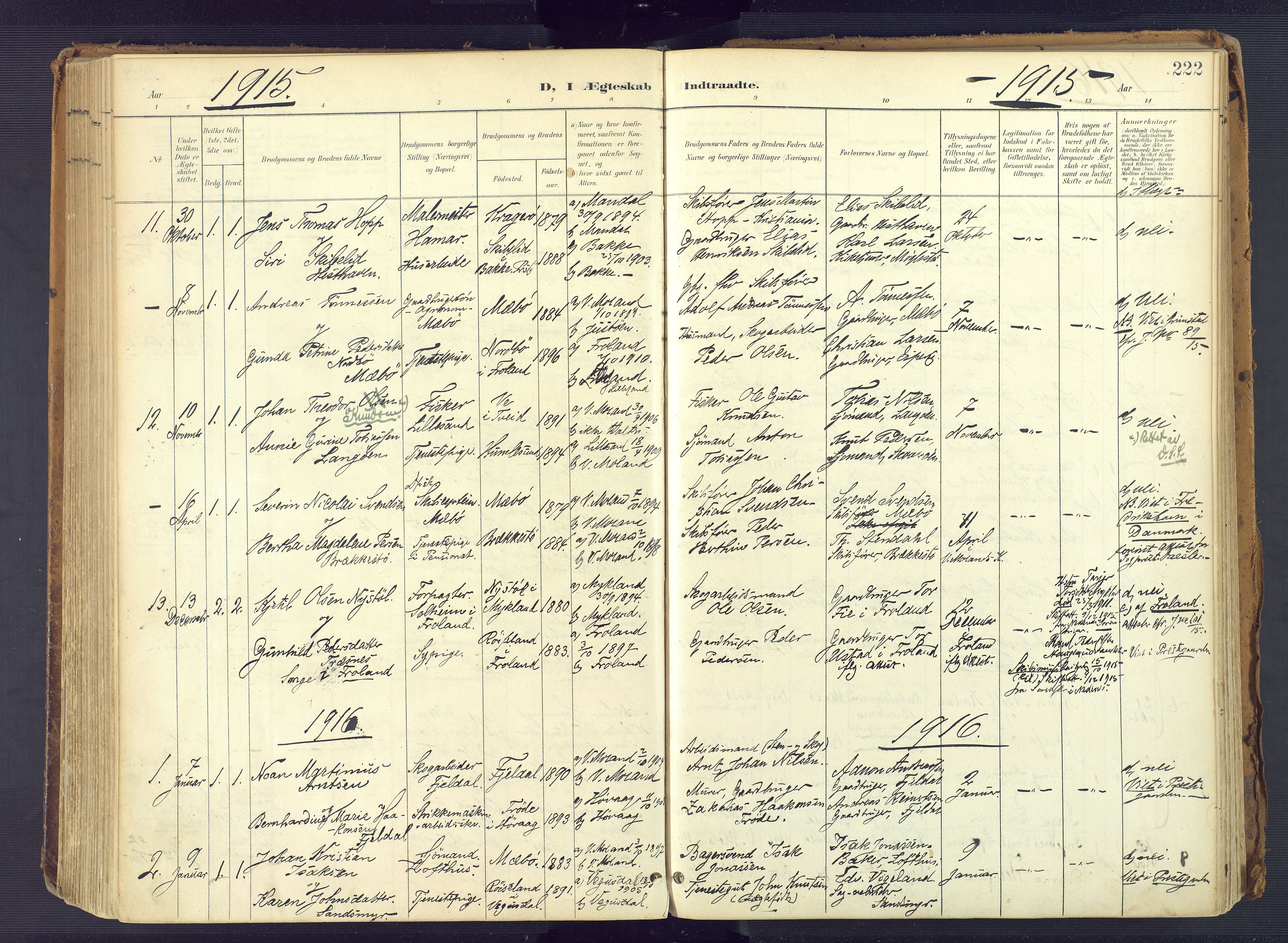 Vestre Moland sokneprestkontor, SAK/1111-0046/F/Fa/Fab/L0010: Parish register (official) no. A 10, 1900-1926, p. 222