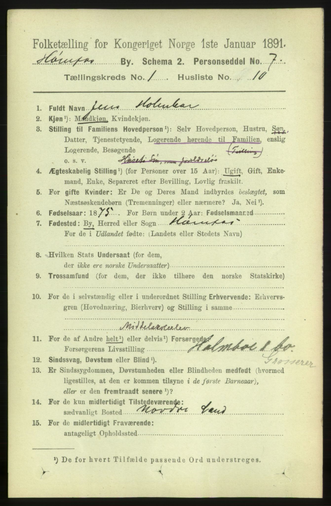 RA, 1891 census for 0601 Hønefoss, 1891, p. 507