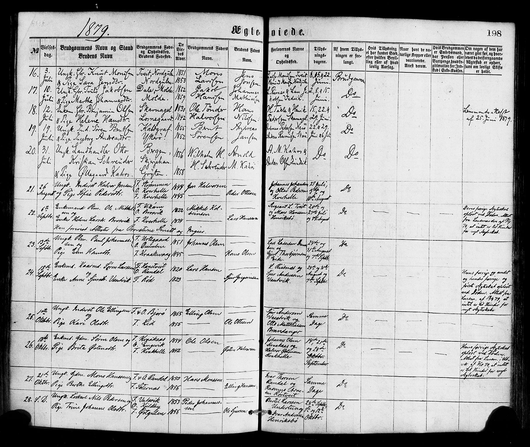 Gulen sokneprestembete, AV/SAB-A-80201/H/Haa/Haaa/L0023: Parish register (official) no. A 23, 1870-1880, p. 198