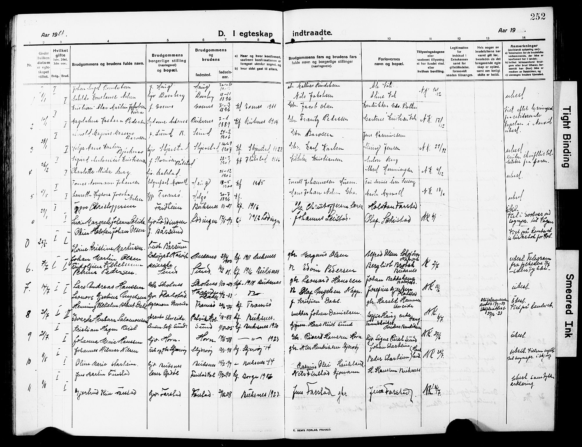 Ministerialprotokoller, klokkerbøker og fødselsregistre - Nordland, SAT/A-1459/881/L1169: Parish register (copy) no. 881C06, 1912-1930, p. 252